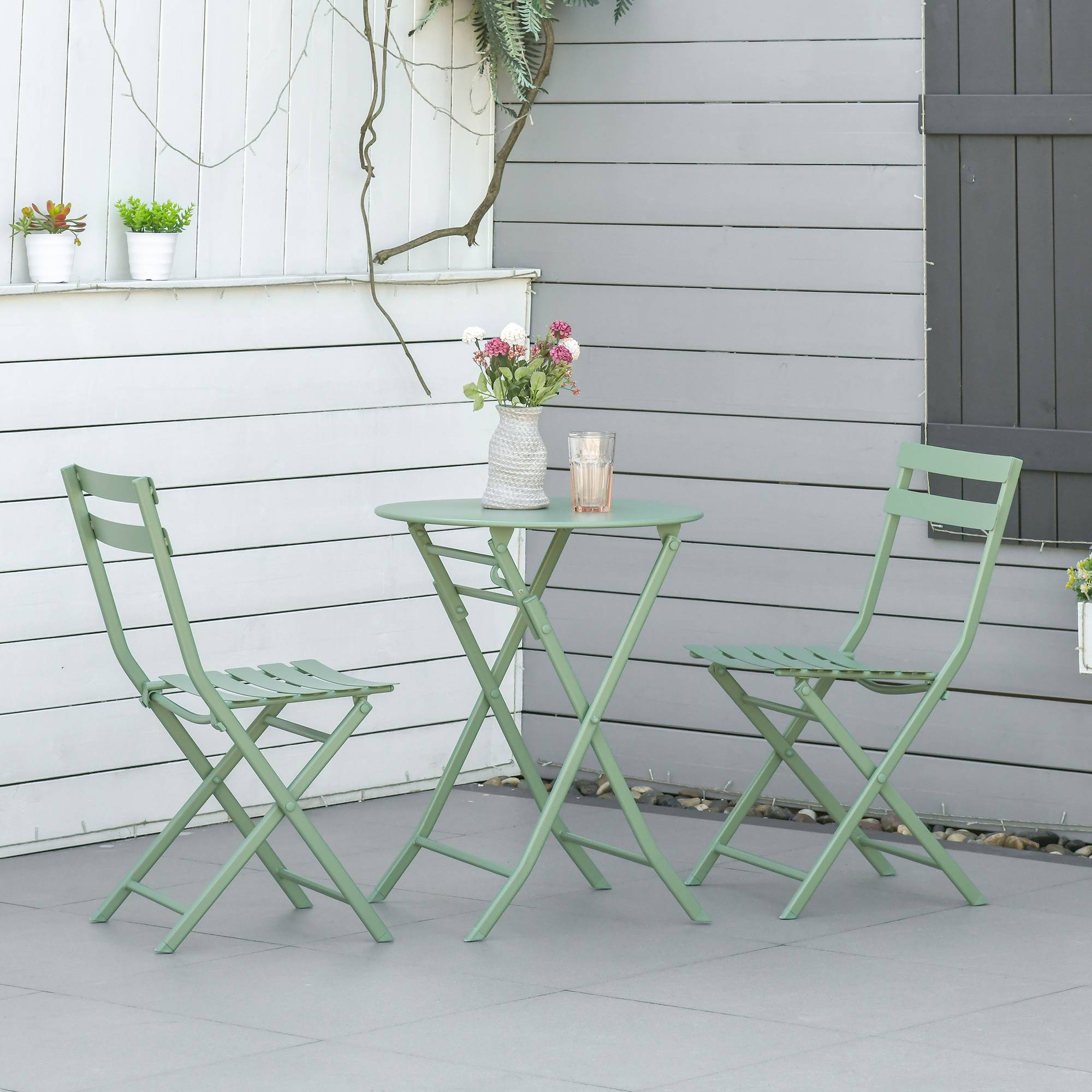 Outsunny - Ensemble table bistrot avec 2 chaises pliantes Ø60cm salon jardin 2p métal thermolaqué vert - Outsunny - Image 2
