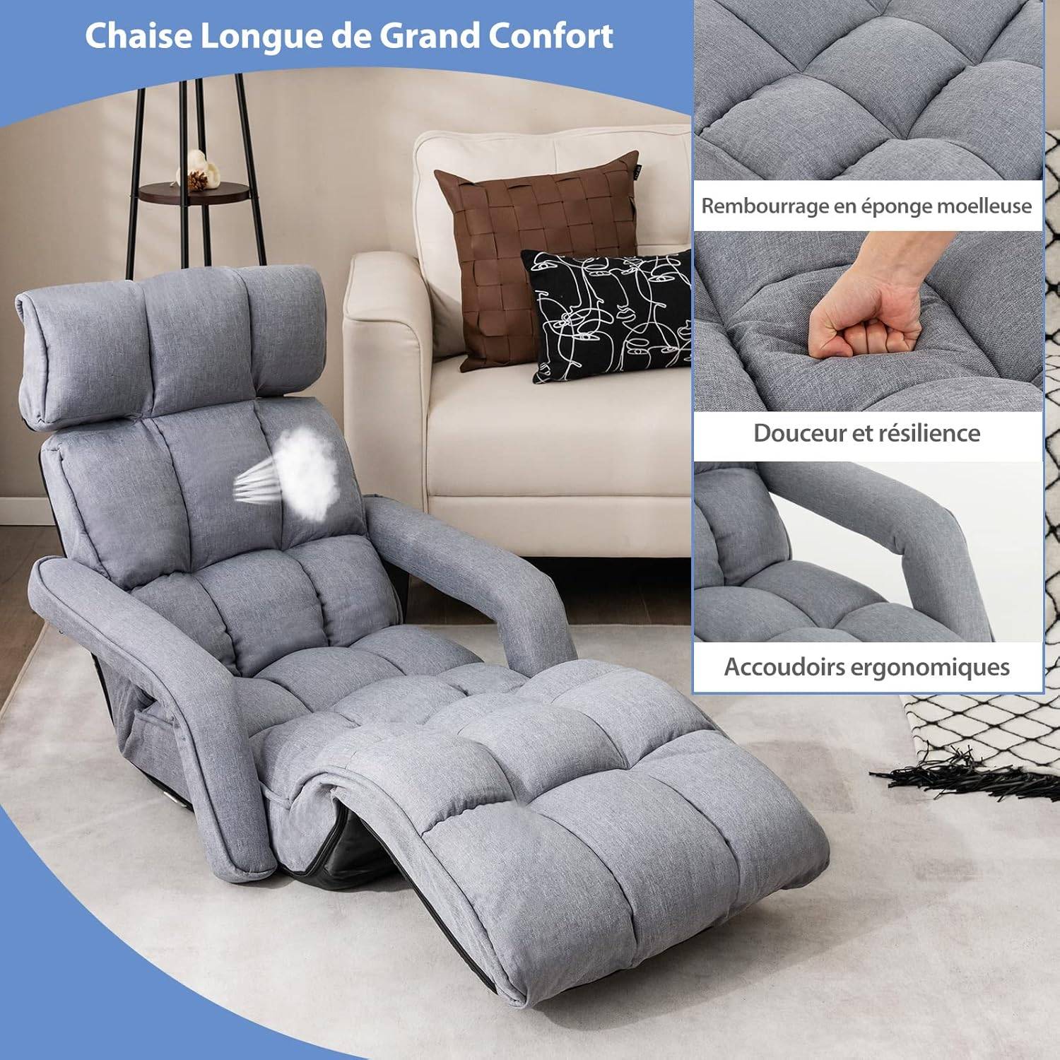Fauteuil Convertible 1 Place, Dossier Réglable 5 Positions, Coussin Inclus, Gris Foncé - Fauteuil
