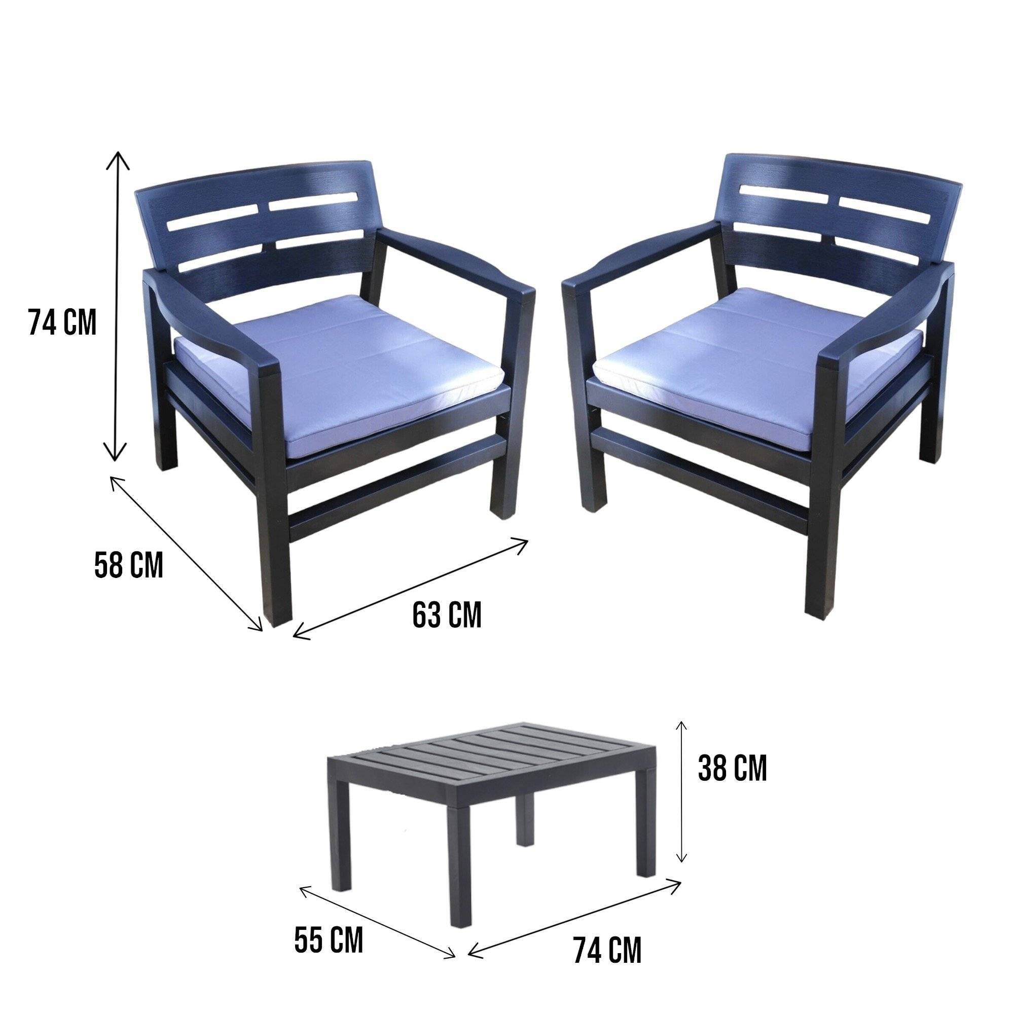 Dmora - Salon d'extérieur Benevento, Composition de jardin avec 2 fauteuils et 1 table basse, Salon intérieur et extérieur avec coussins, Anthracite - Dmora - Imagen 3