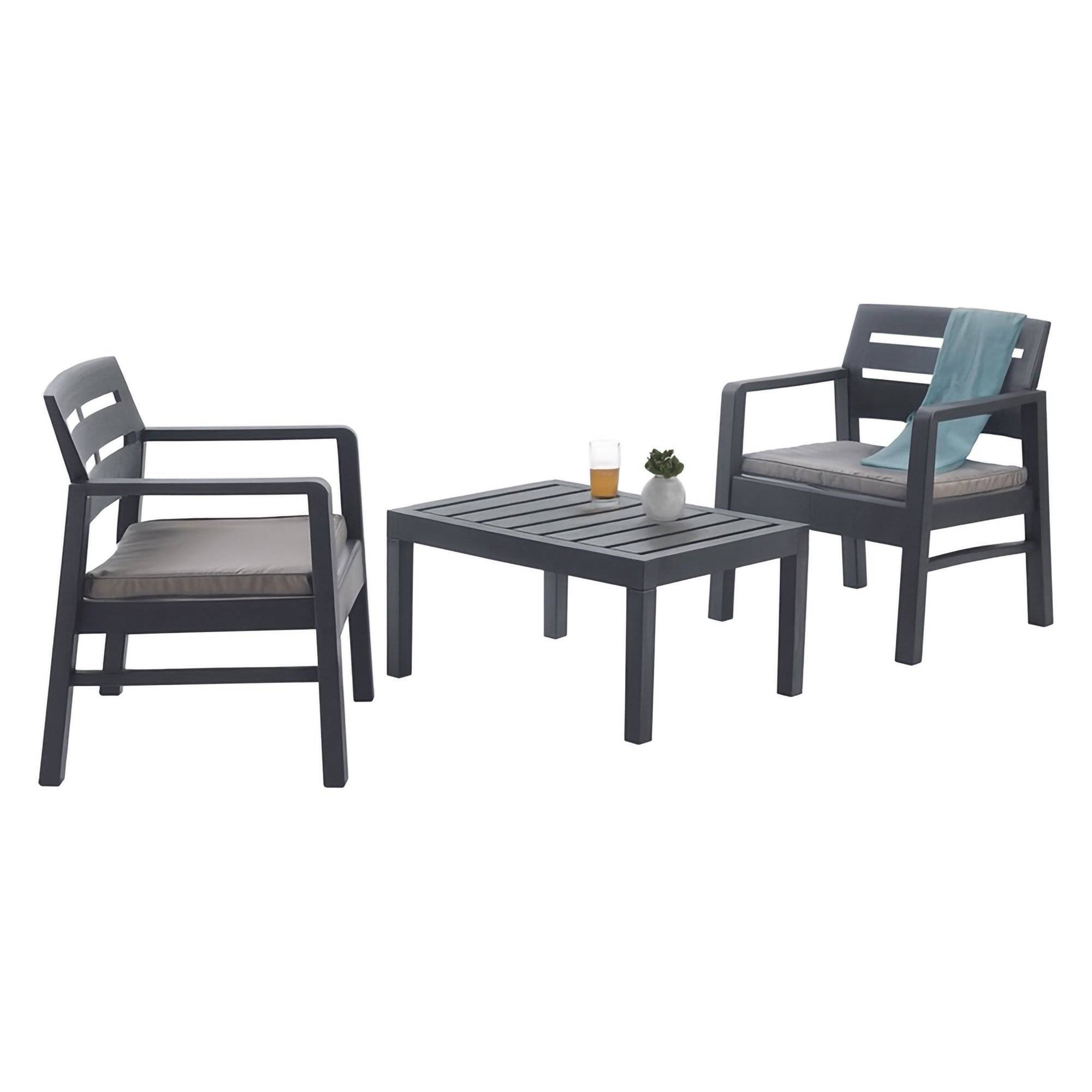 Dmora - Salon d'extérieur Benevento, Composition de jardin avec 2 fauteuils et 1 table basse, Salon intérieur et extérieur avec coussins, Anthracite - Dmora - Imagen 1