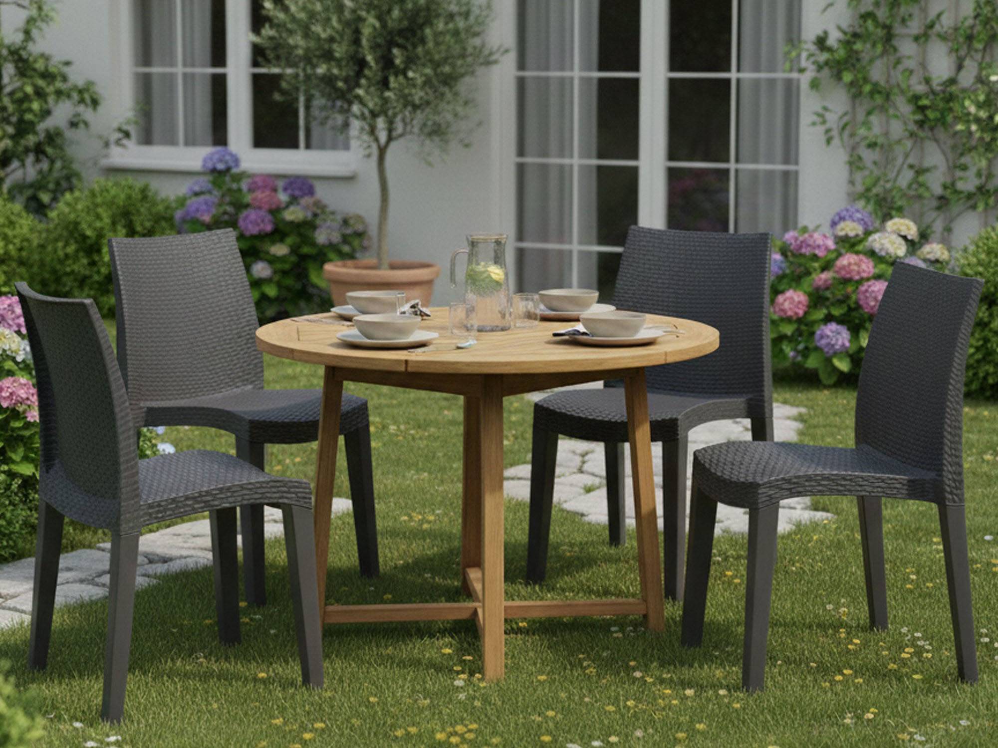 Dmora - Lot de 4 chaises d'extérieur Ravenna, sièges de jardin, chaise de table à manger, fauteuil d'extérieur effet rotin, 55x48h86 cm, Anthracite - Dmora - Imagen 4