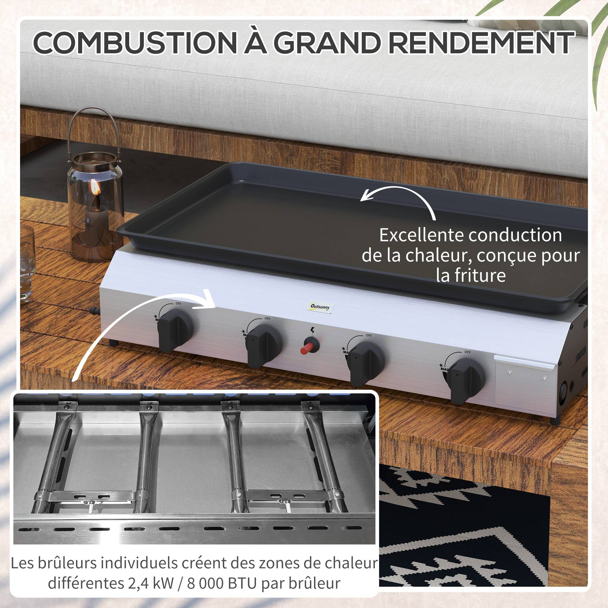 Plancha gaz en acier inox émaillé 4 brûleurs 9,6 kW antiadhésive grande surface de cuisson 73L x 34l cm, transportable - Image 6