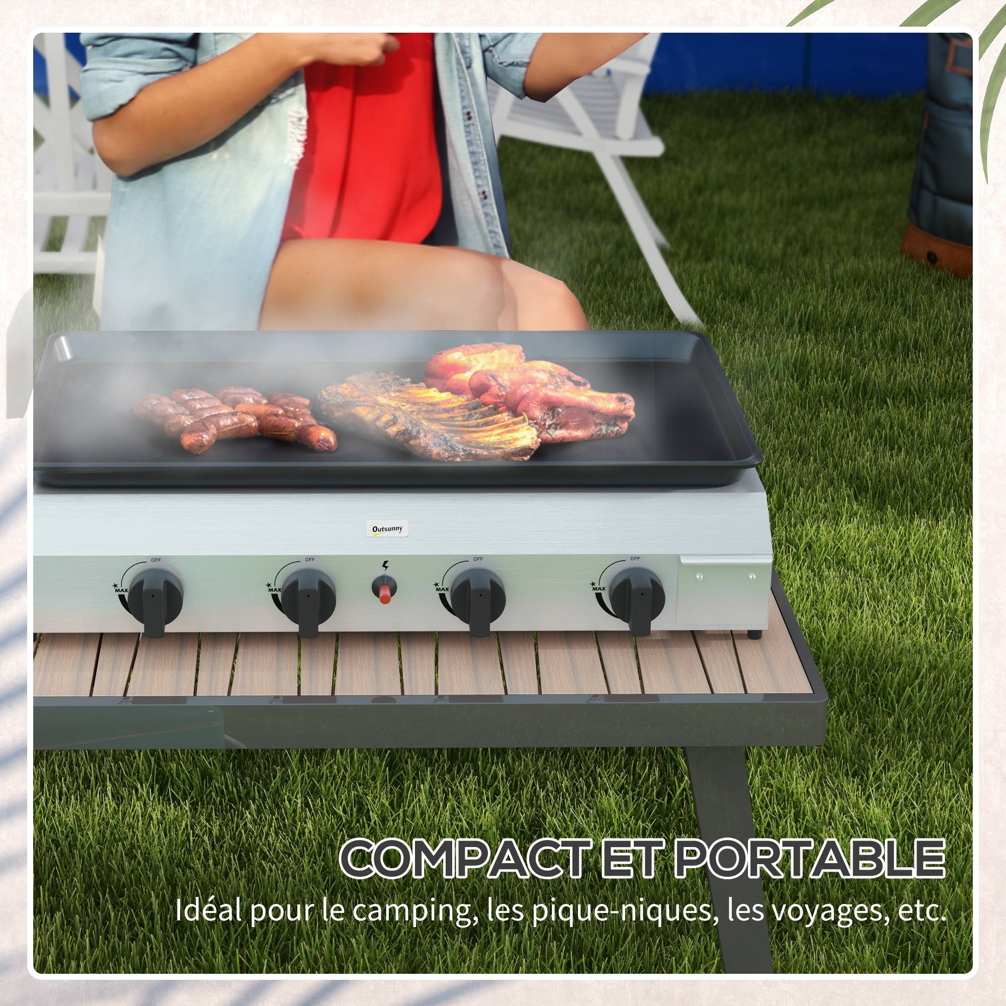 Plancha gaz en acier inox émaillé 4 brûleurs 9,6 kW antiadhésive grande surface de cuisson 73L x 34l cm, transportable - Image 8
