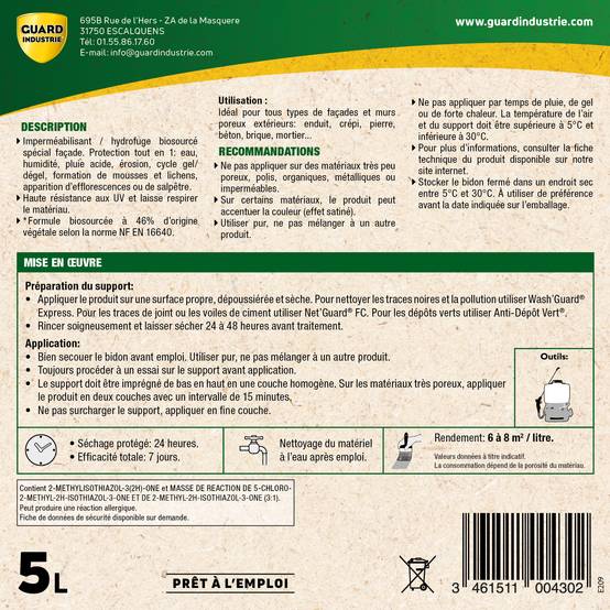 Imperméabilisant Façade Incolore Haute Performance Formule Végétale ImperGuard Spécial Façade Pierre Enduit Crépis 5ans 5L 50m2 - Image 2