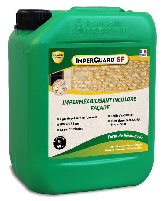 Imperméabilisant Façade Incolore Haute Performance Formule Végétale ImperGuard Spécial Façade Pierre Enduit Crépis 5ans 5L 50m2 - Image 1