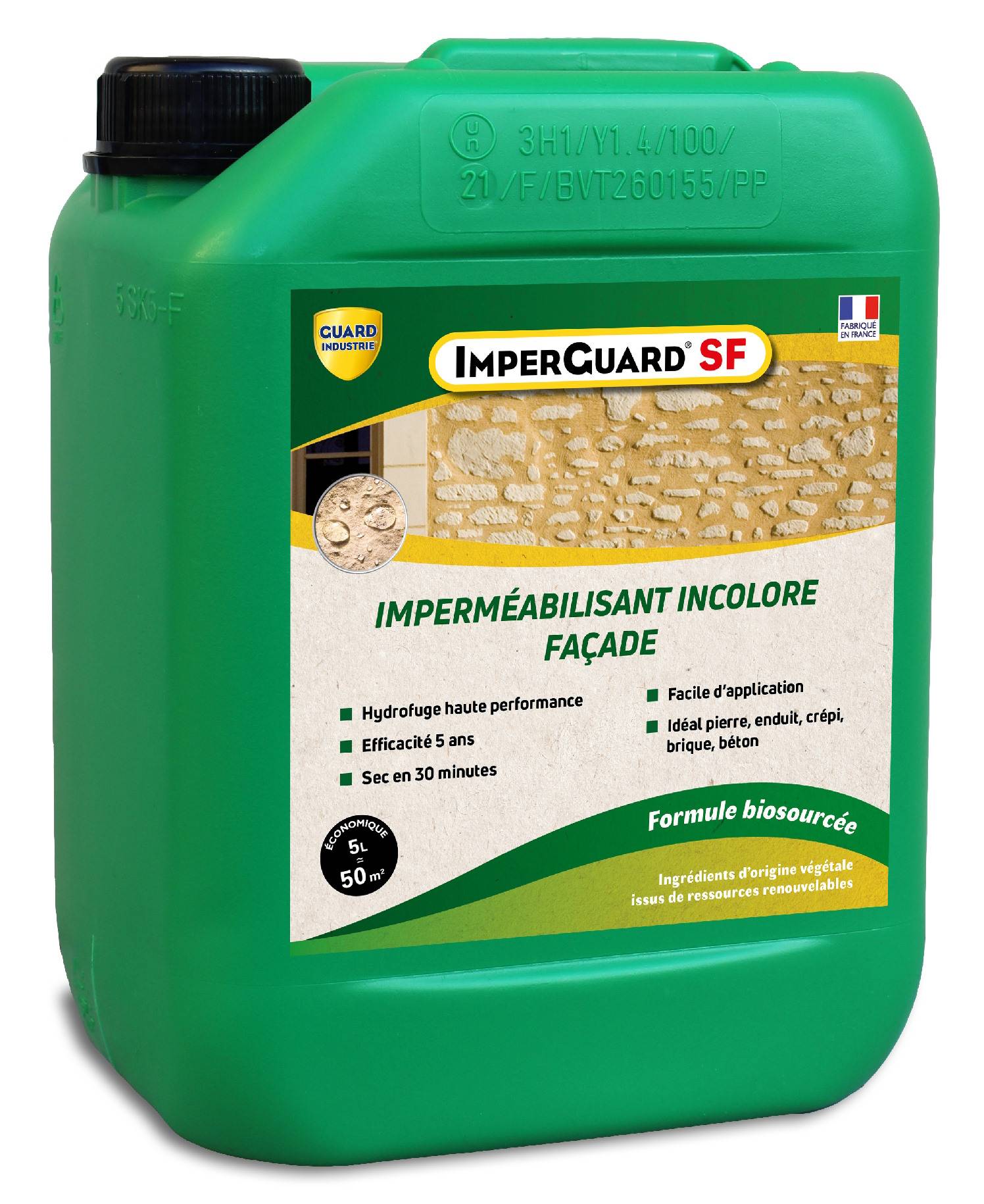Imperméabilisant Façade Incolore Haute Performance Formule Végétale ImperGuard Spécial Façade Pierre Enduit Crépis 5ans 5L 50m2 - Image 1
