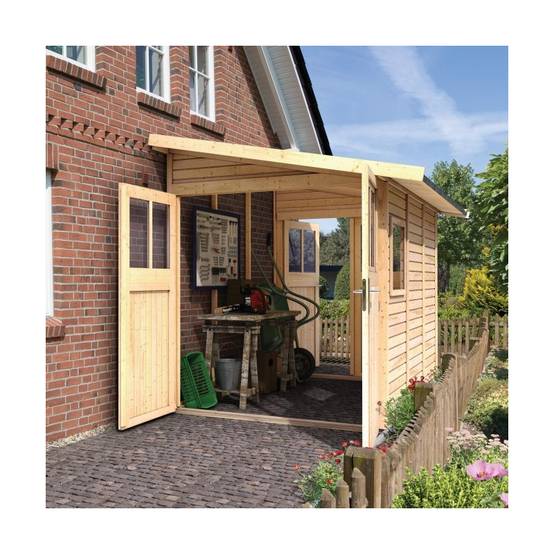 Abri de jardin adossé bois massif 6,42m² Juist 4 Karibu marron avec embase - Image 1