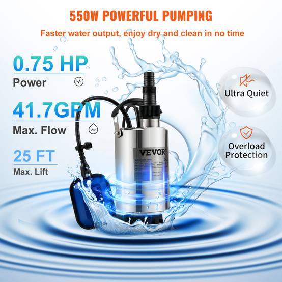 VEVOR Pompe relevage eaux chargées 550W, 158 L/min, immergée, pour piscine, cave, fosse septique. - Image 3