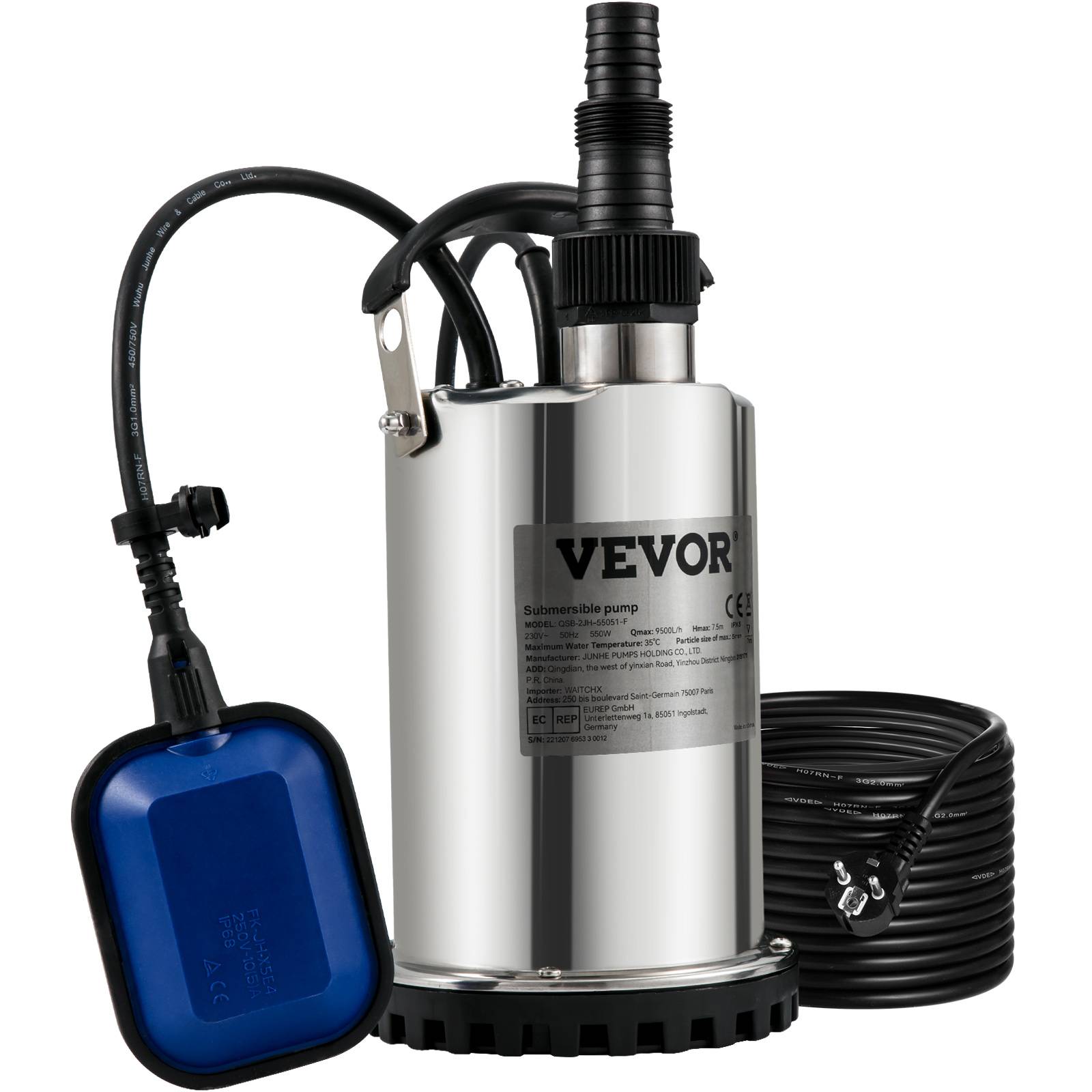 VEVOR Pompe relevage eaux chargées 550W, 158 L/min, immergée, pour piscine, cave, fosse septique.