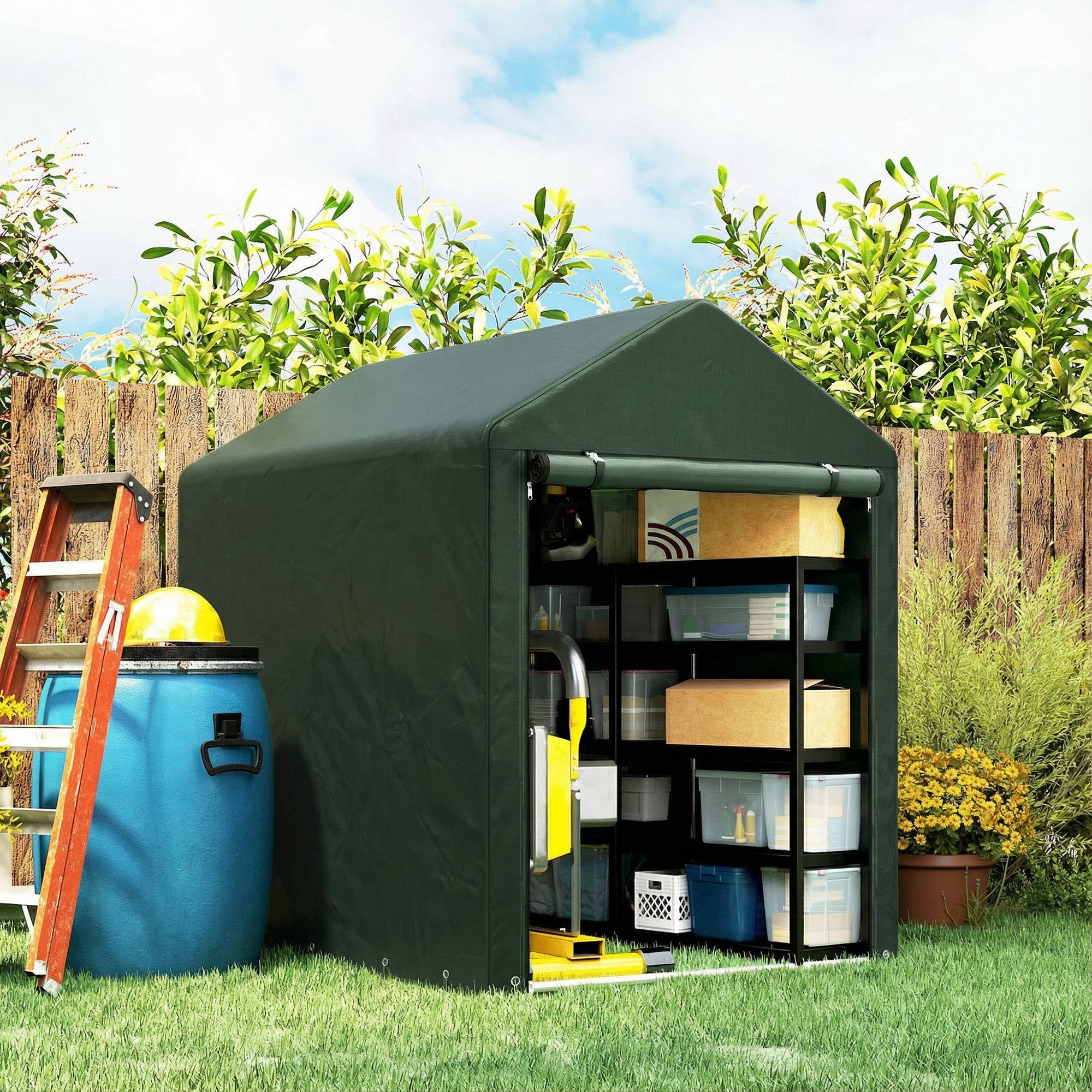 Abri de jardin pour vélos 1,2 x 1,8 x 1,65 m, 2 compartiments, porte zippée, imperméable, résistant aux UV, vert - Image 4