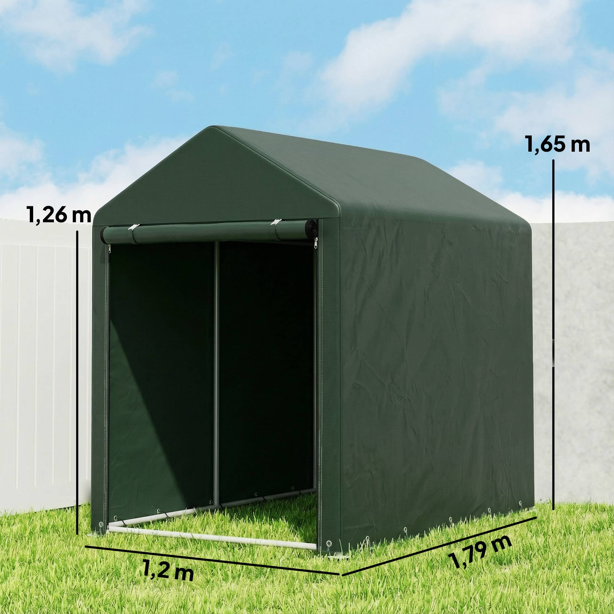 Abri de jardin pour vélos 1,2 x 1,8 x 1,65 m, 2 compartiments, porte zippée, imperméable, résistant aux UV, vert - Image 5