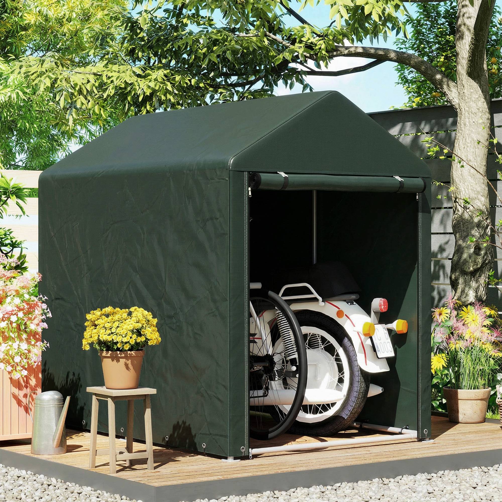 Abri de jardin pour vélos 1,2 x 1,8 x 1,65 m, 2 compartiments, porte zippée, imperméable, résistant aux UV, vert - Image 9