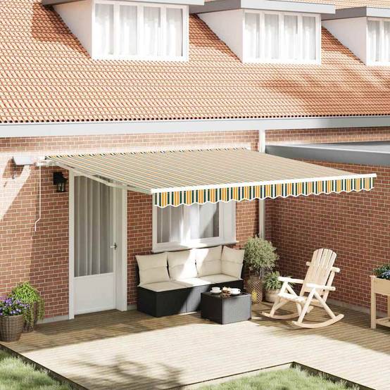 Auvent de Terrasse Manuel Tissu Acier avec Éclairage LED pour Soirées Vert et Jaune 400x300 cm – ComfortXL Outdoor Living - Image 1