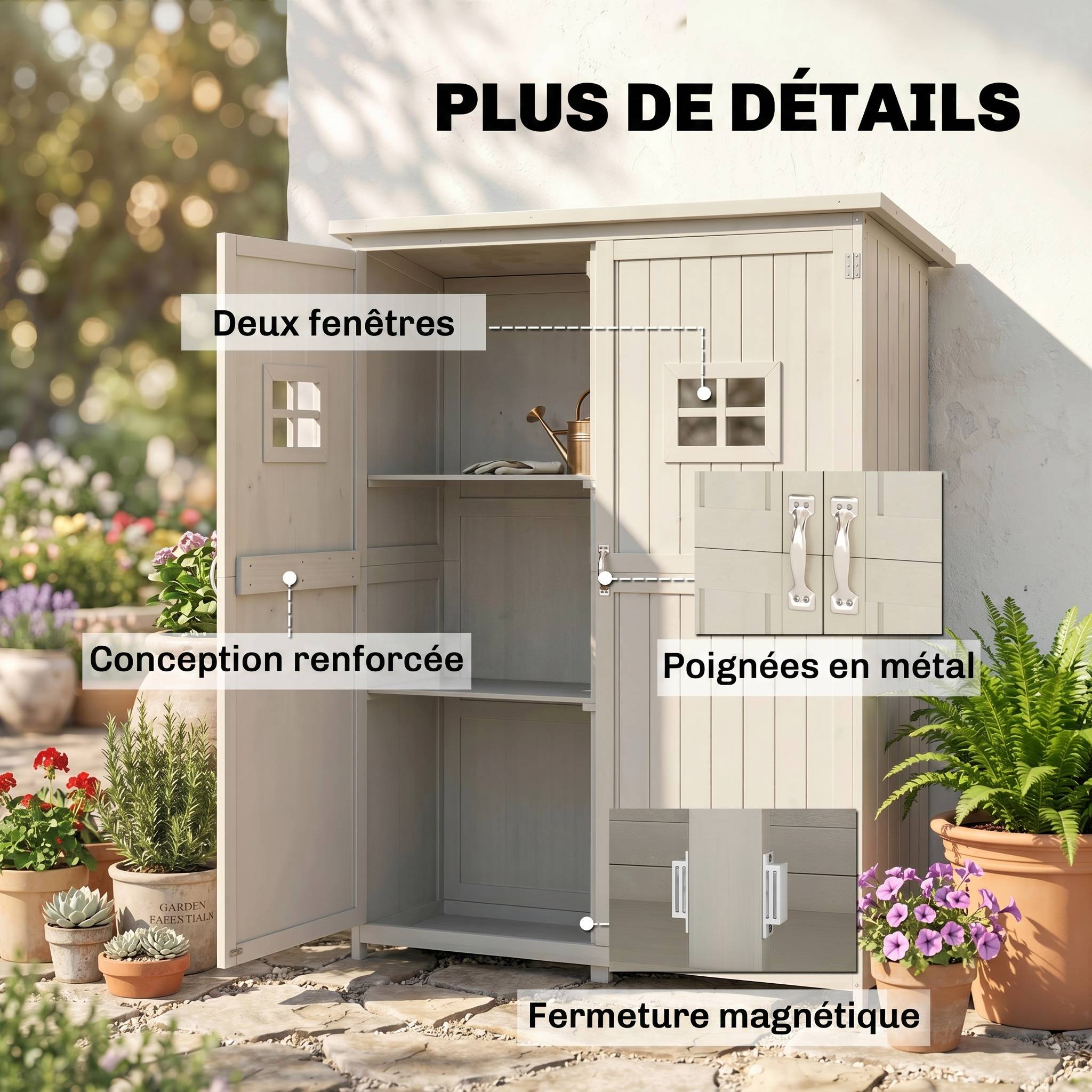 Abri de jardin en bois avec double porte, étagères et fenêtres, 127,5 x 50 x 164 cm - Image 8