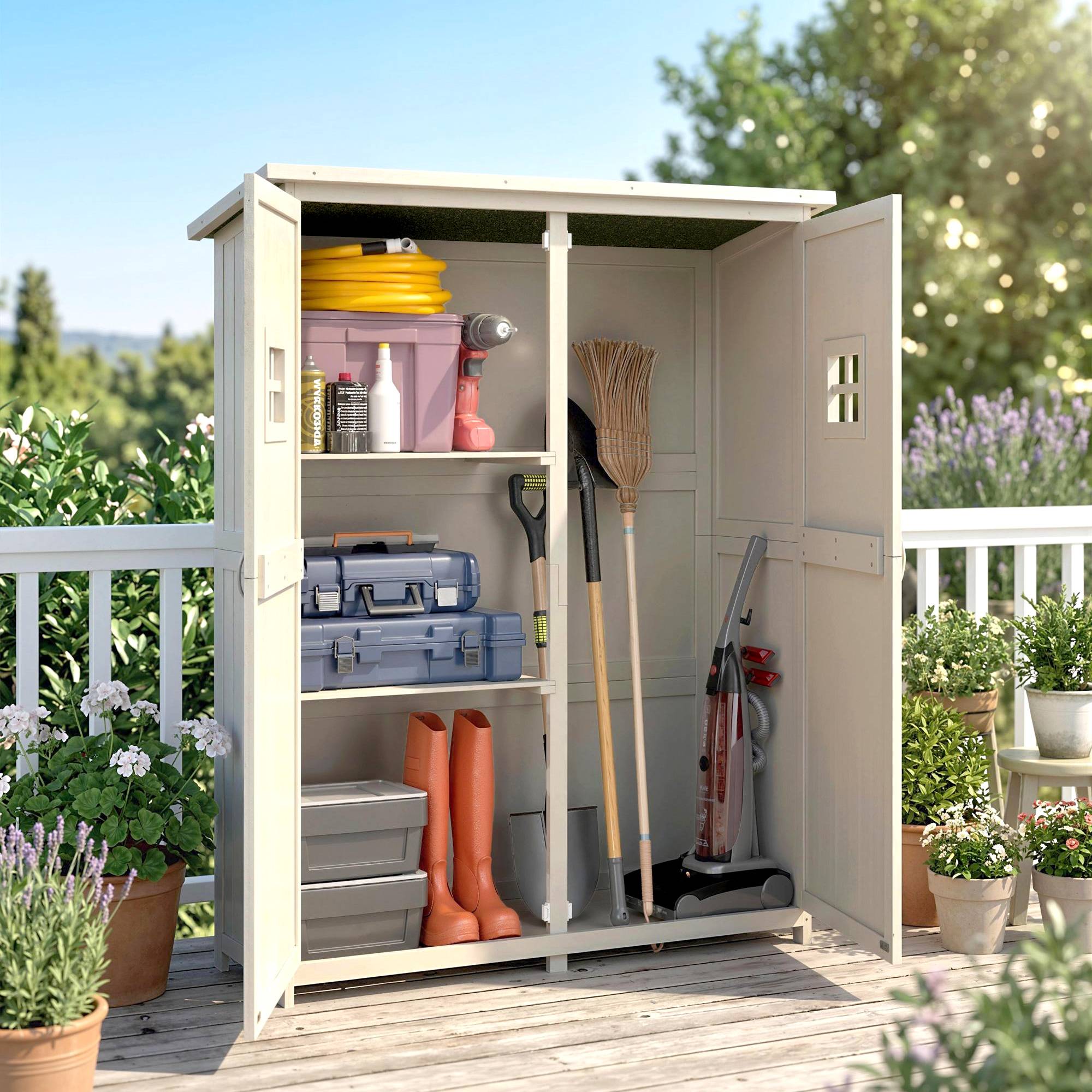 Abri de jardin en bois avec double porte, étagères et fenêtres, 127,5 x 50 x 164 cm - Image 9