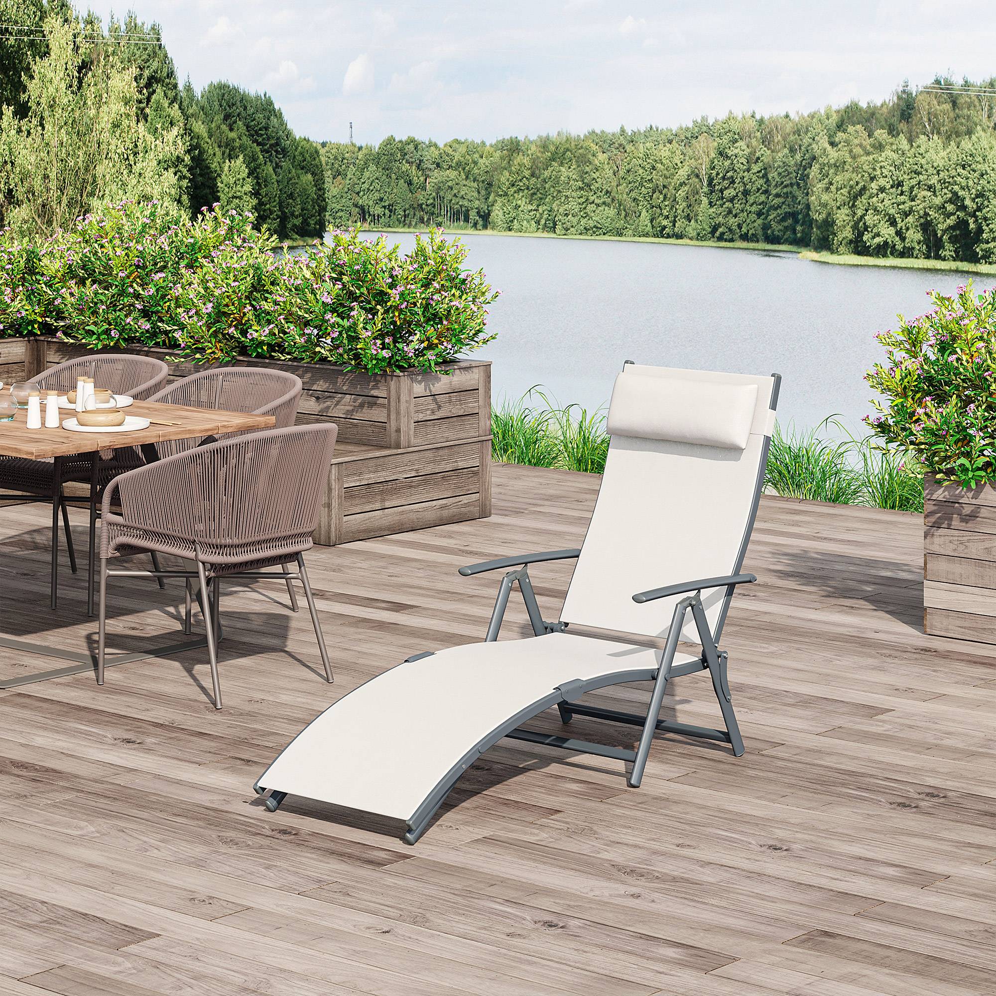 Outsunny - Bain de soleil pliable dossier inclinable multi-positions têtière fournie métal époxy textilène beige - Outsunny - Imagen 2