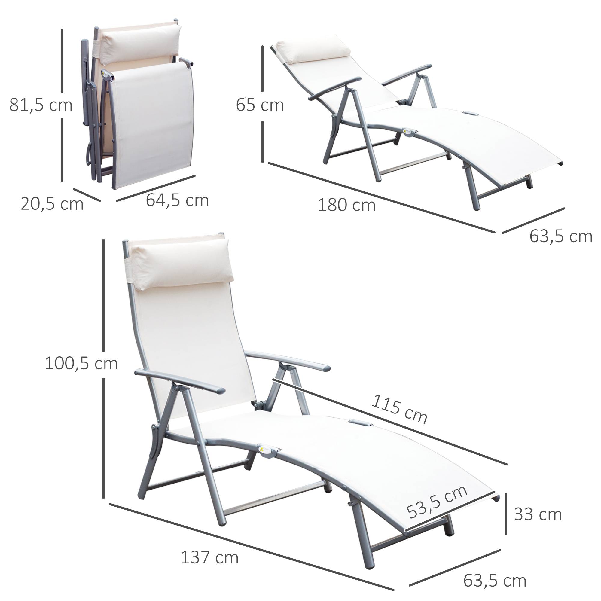 Outsunny - Bain de soleil pliable dossier inclinable multi-positions têtière fournie métal époxy textilène beige - Outsunny - Imagen 3