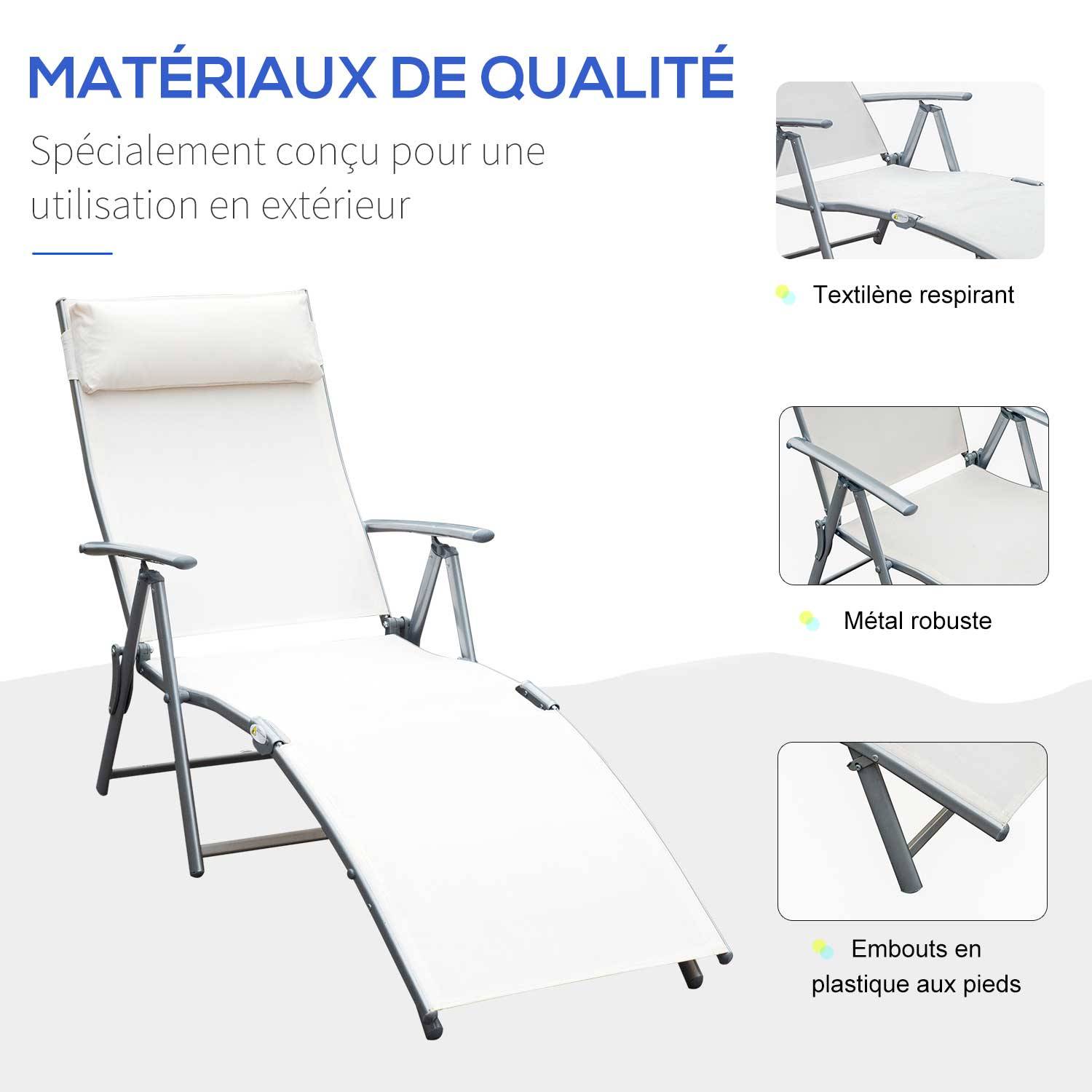 Outsunny - Bain de soleil pliable dossier inclinable multi-positions têtière fournie métal époxy textilène beige - Outsunny - Imagen 6