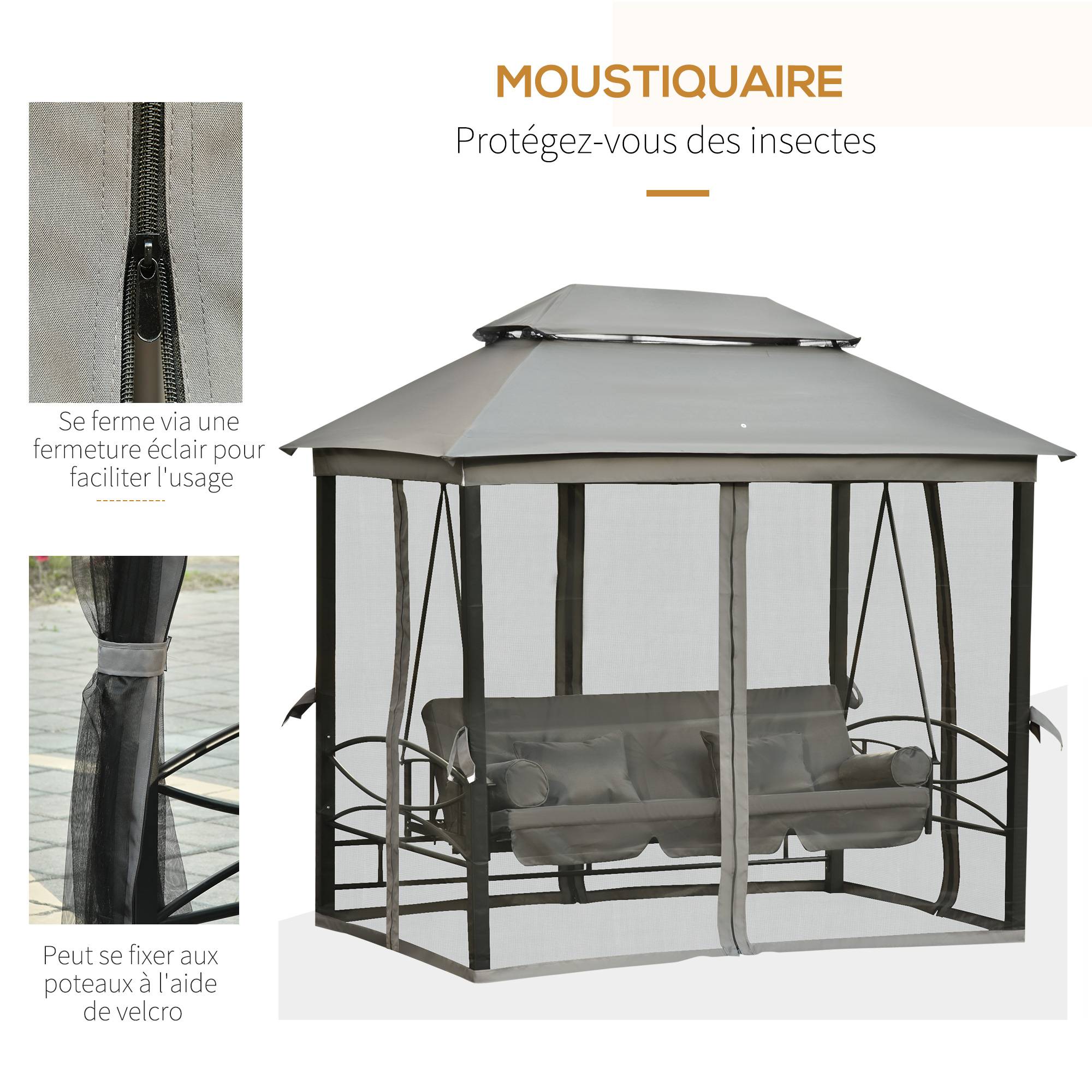 Outsunny - Balancelle de jardin 3 places convertible style colonial grand confort 5 coussins + matelas + moustiquaires inclus gris - Outsunny - Imagen 7