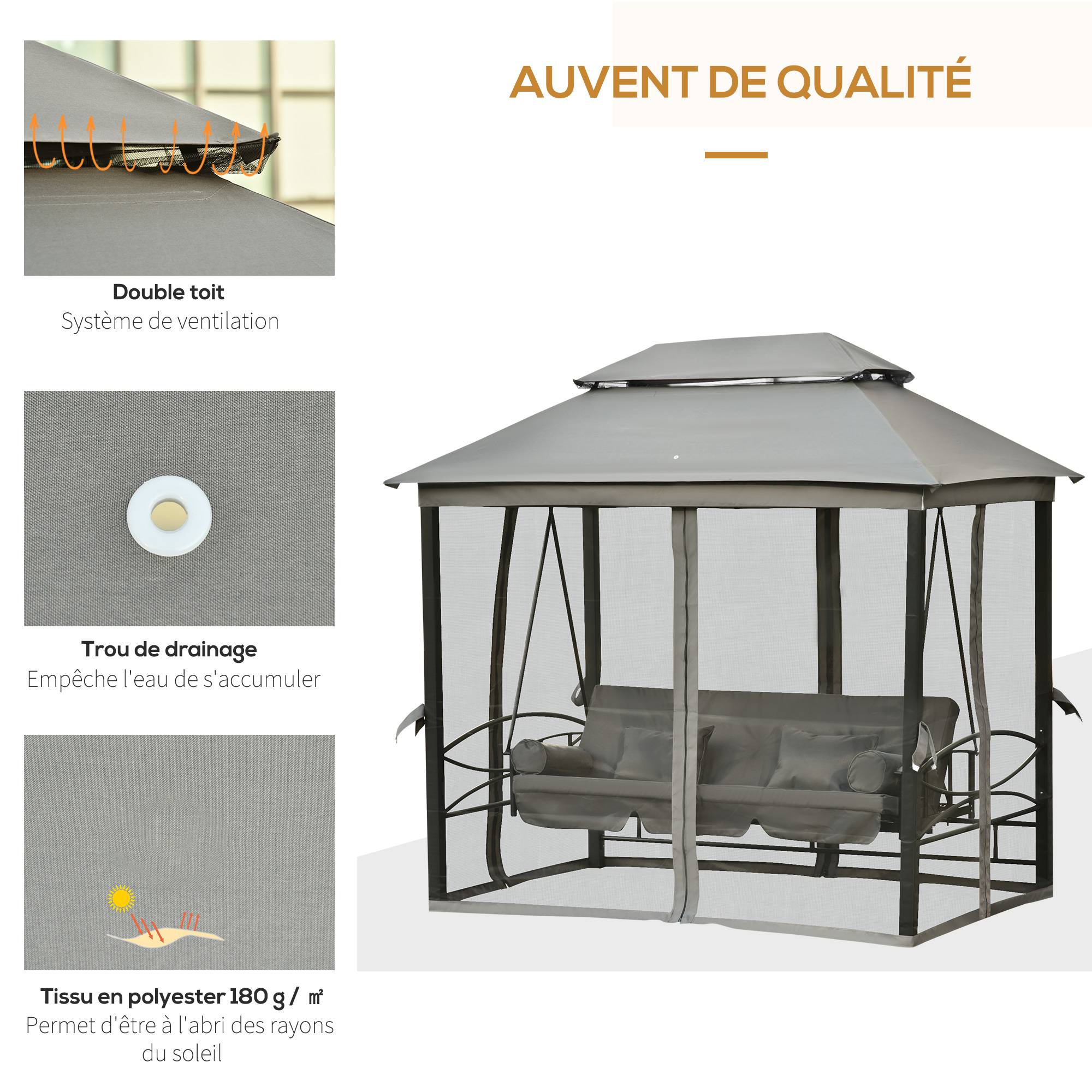 Outsunny - Balancelle de jardin 3 places convertible style colonial grand confort 5 coussins + matelas + moustiquaires inclus gris - Outsunny - Imagen 6