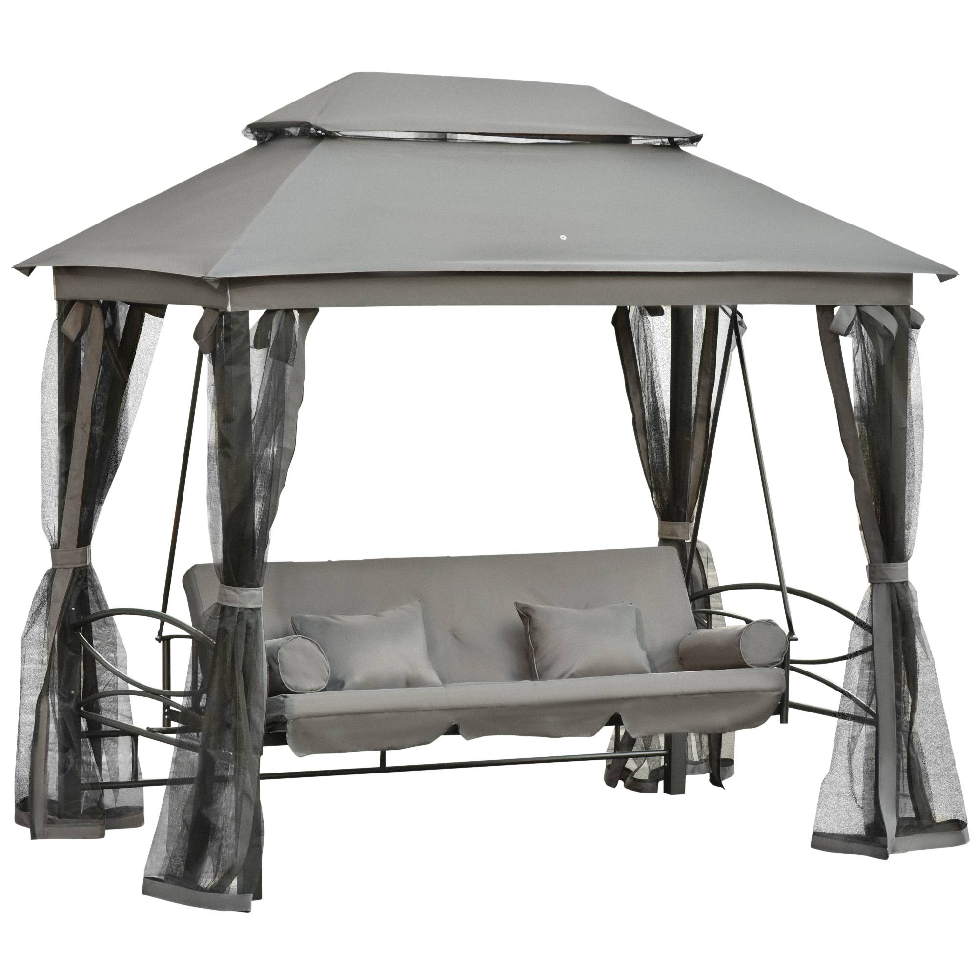 Outsunny - Balancelle de jardin 3 places convertible style colonial grand confort 5 coussins + matelas + moustiquaires inclus gris - Outsunny - Imagen 1