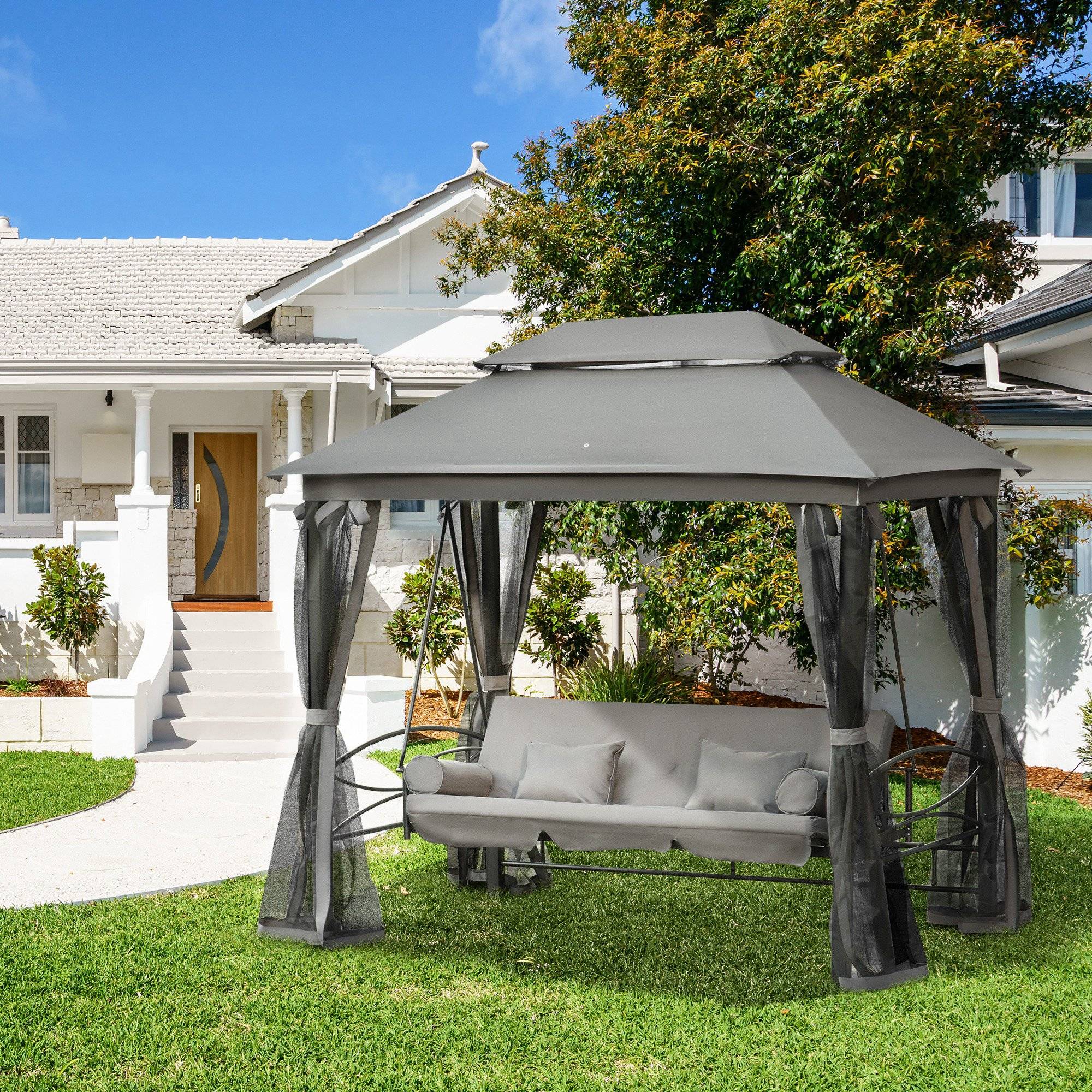 Outsunny - Balancelle de jardin 3 places convertible style colonial grand confort 5 coussins + matelas + moustiquaires inclus gris - Outsunny - Imagen 2