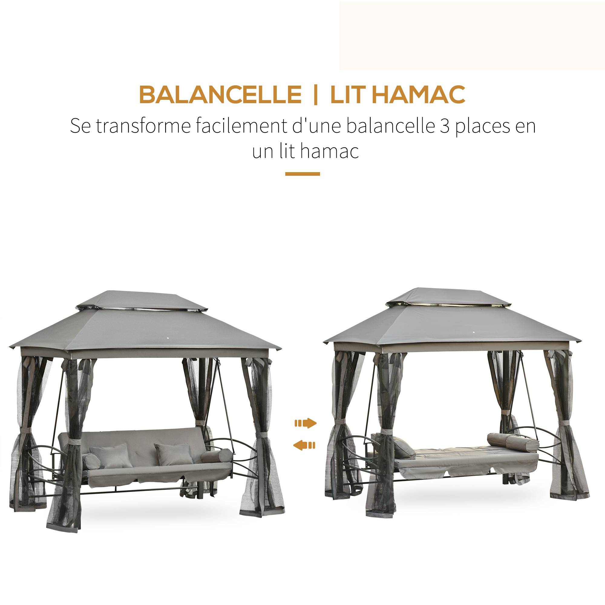 Outsunny - Balancelle de jardin 3 places convertible style colonial grand confort 5 coussins + matelas + moustiquaires inclus gris - Outsunny - Imagen 4