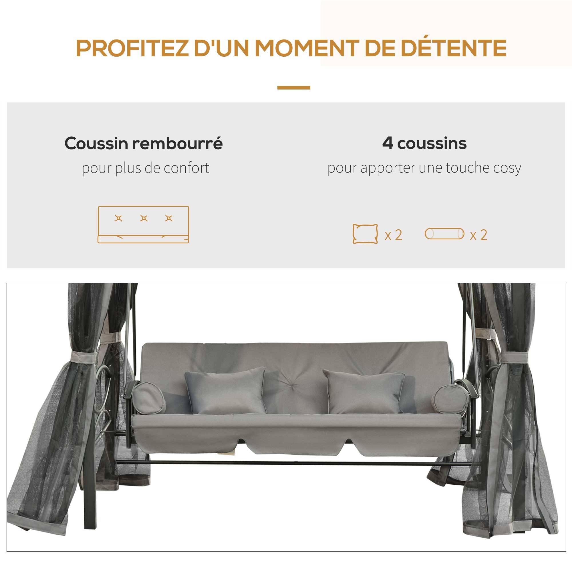 Outsunny - Balancelle de jardin 3 places convertible style colonial grand confort 5 coussins + matelas + moustiquaires inclus gris - Outsunny - Imagen 5