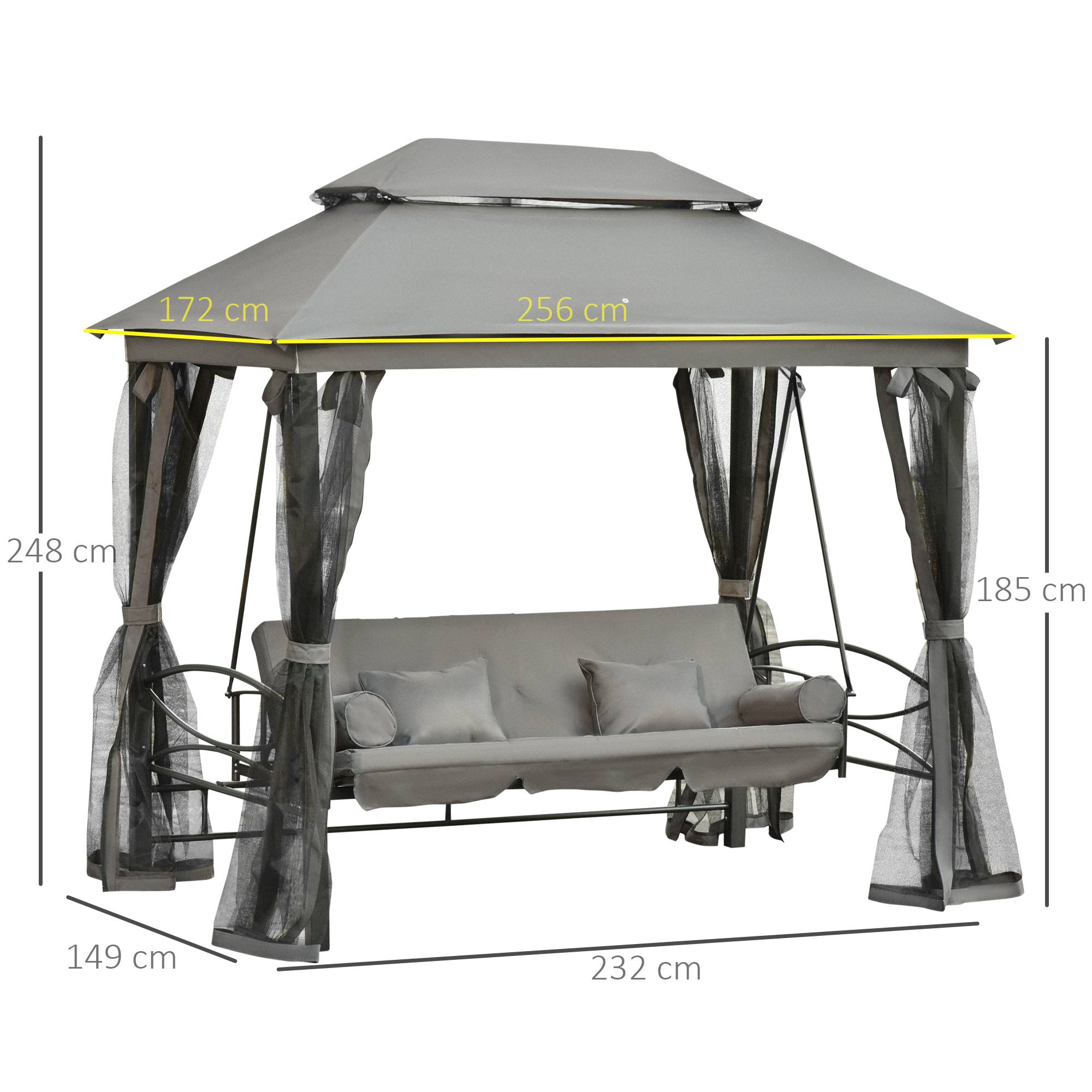Outsunny - Balancelle de jardin 3 places convertible style colonial grand confort 5 coussins + matelas + moustiquaires inclus gris - Outsunny - Imagen 3