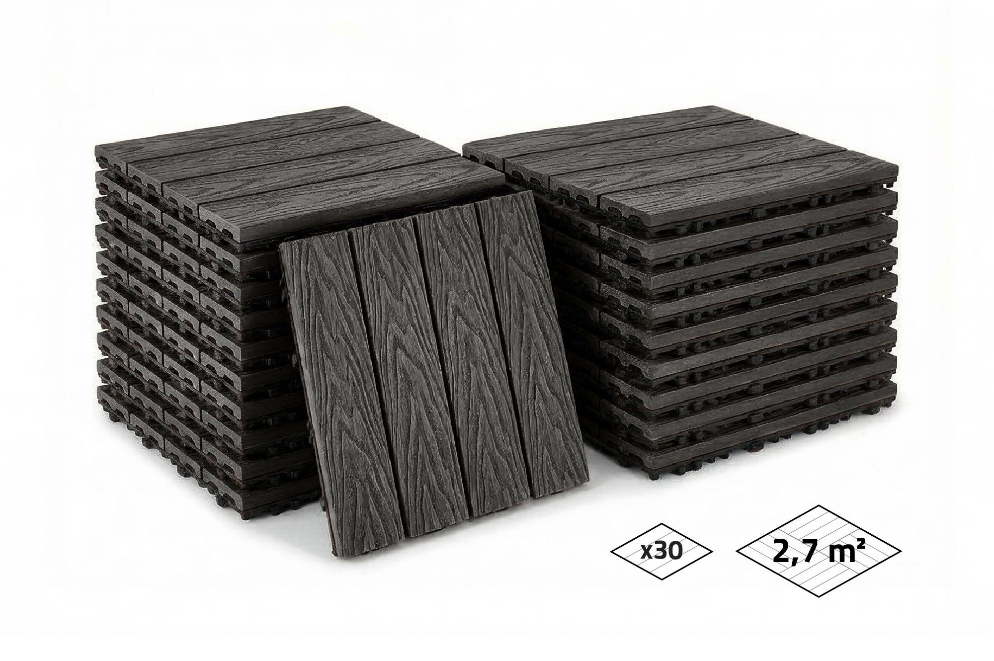 Casanoov Lot de 30 dalles clipsables terrasse en composite JURA effet bois gris 30x30cm - Image 1