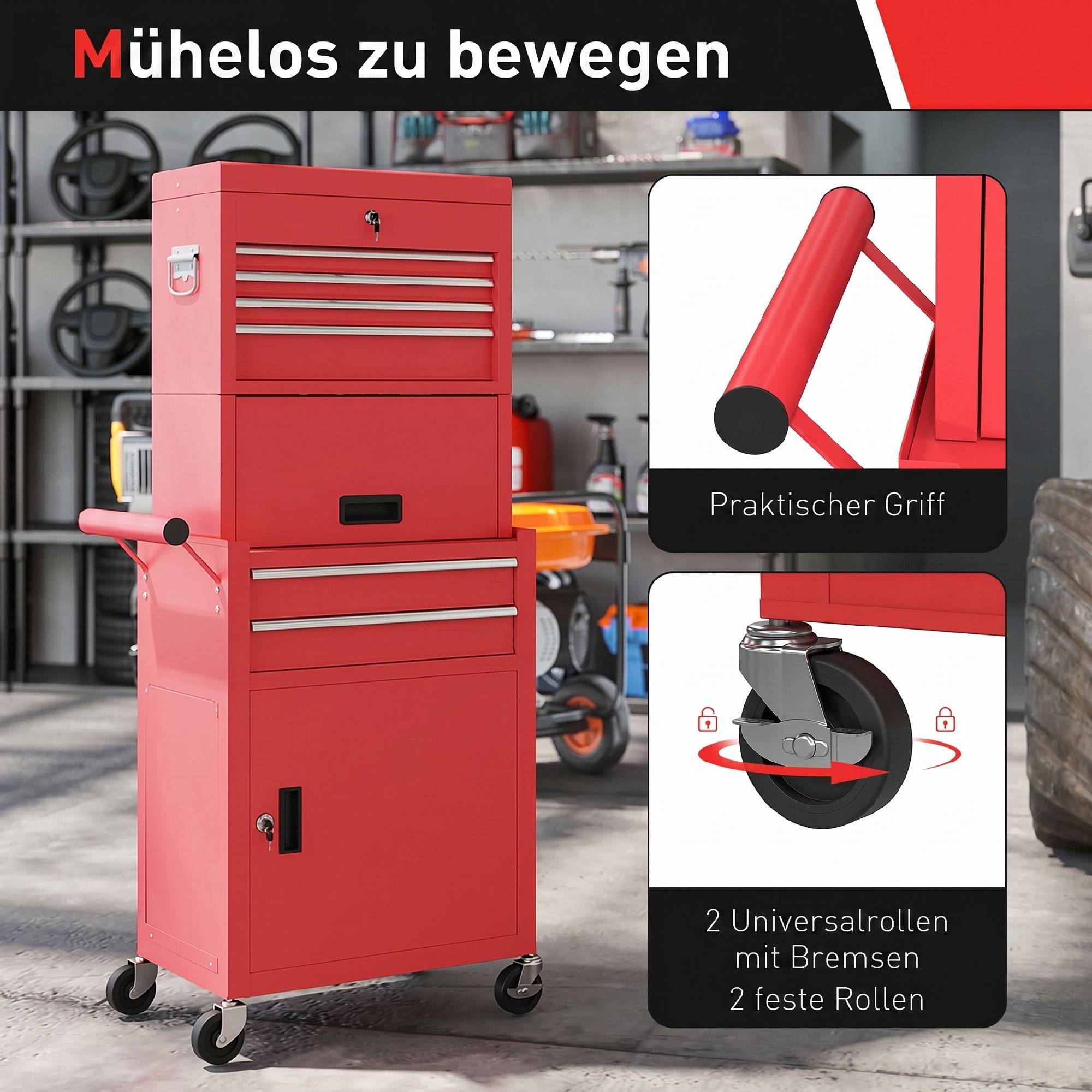 Sans Marque - Armoire roulante, 6 tiroirs, 2 placards, acier, verrouillable, rouge - Image 8