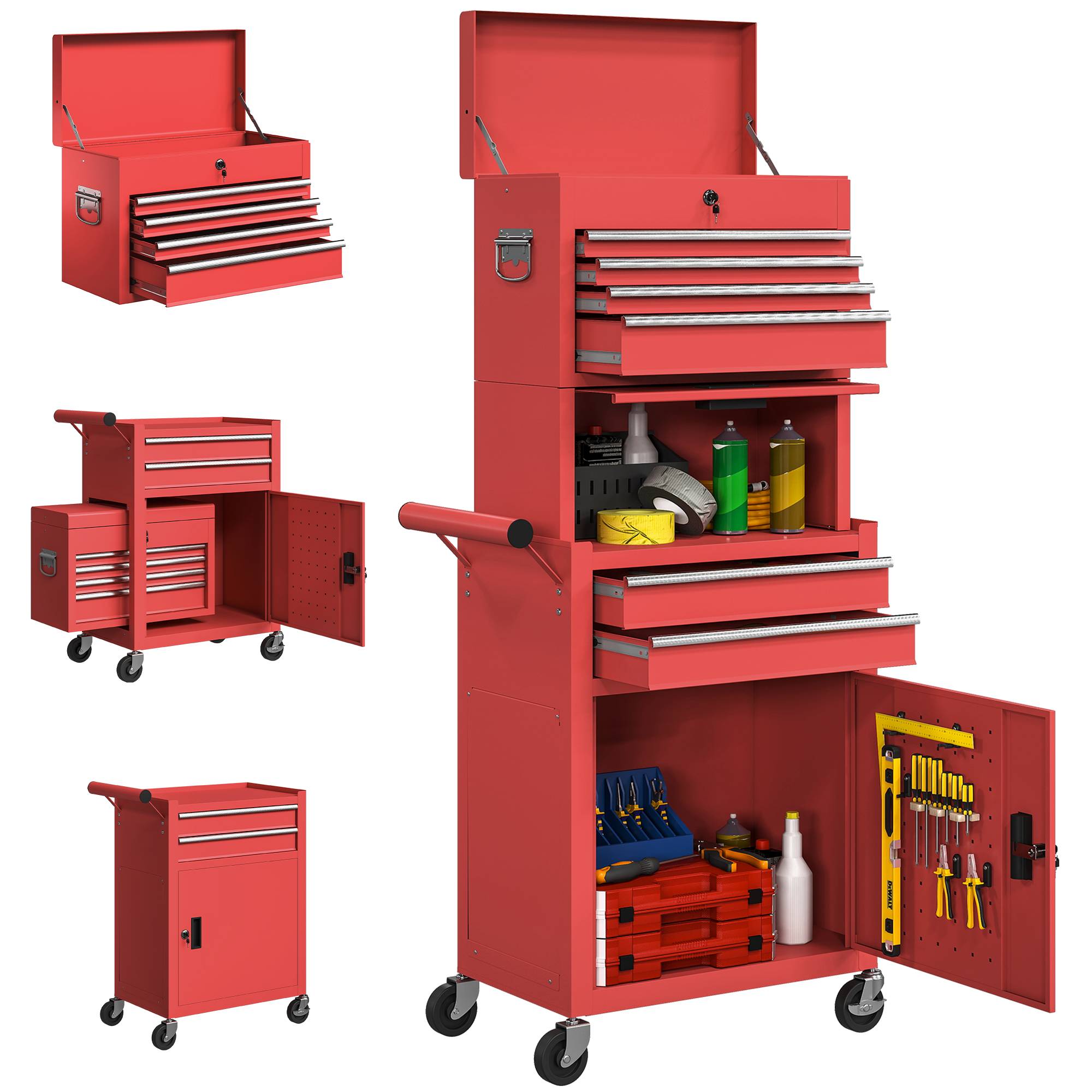 Sans Marque - Armoire roulante, 6 tiroirs, 2 placards, acier, verrouillable, rouge - Image 1