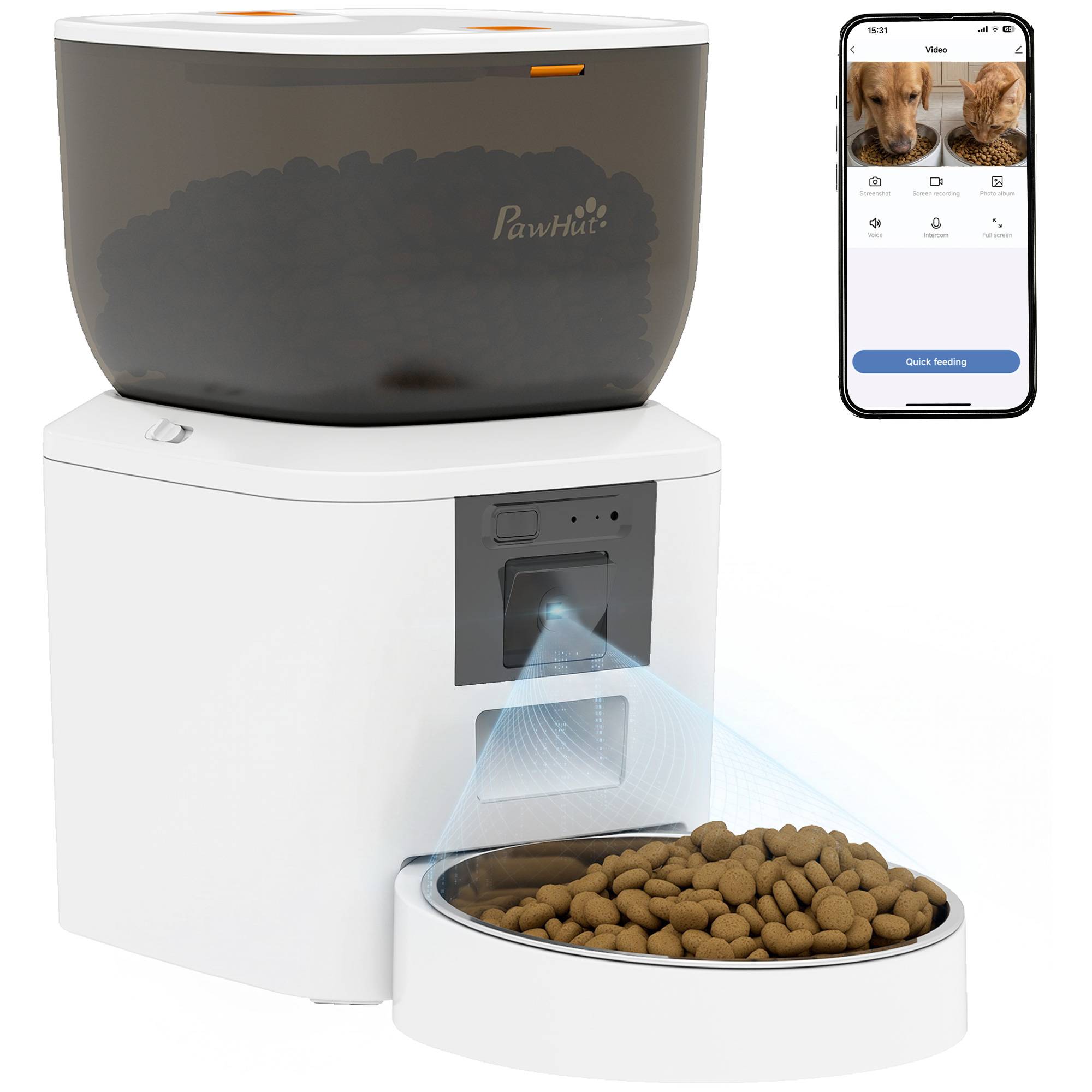 Distributeur automatique nourriture chat chien 4L WiFi 2.4G, pilotage appli avec caméra, bol, blanc - Image 1