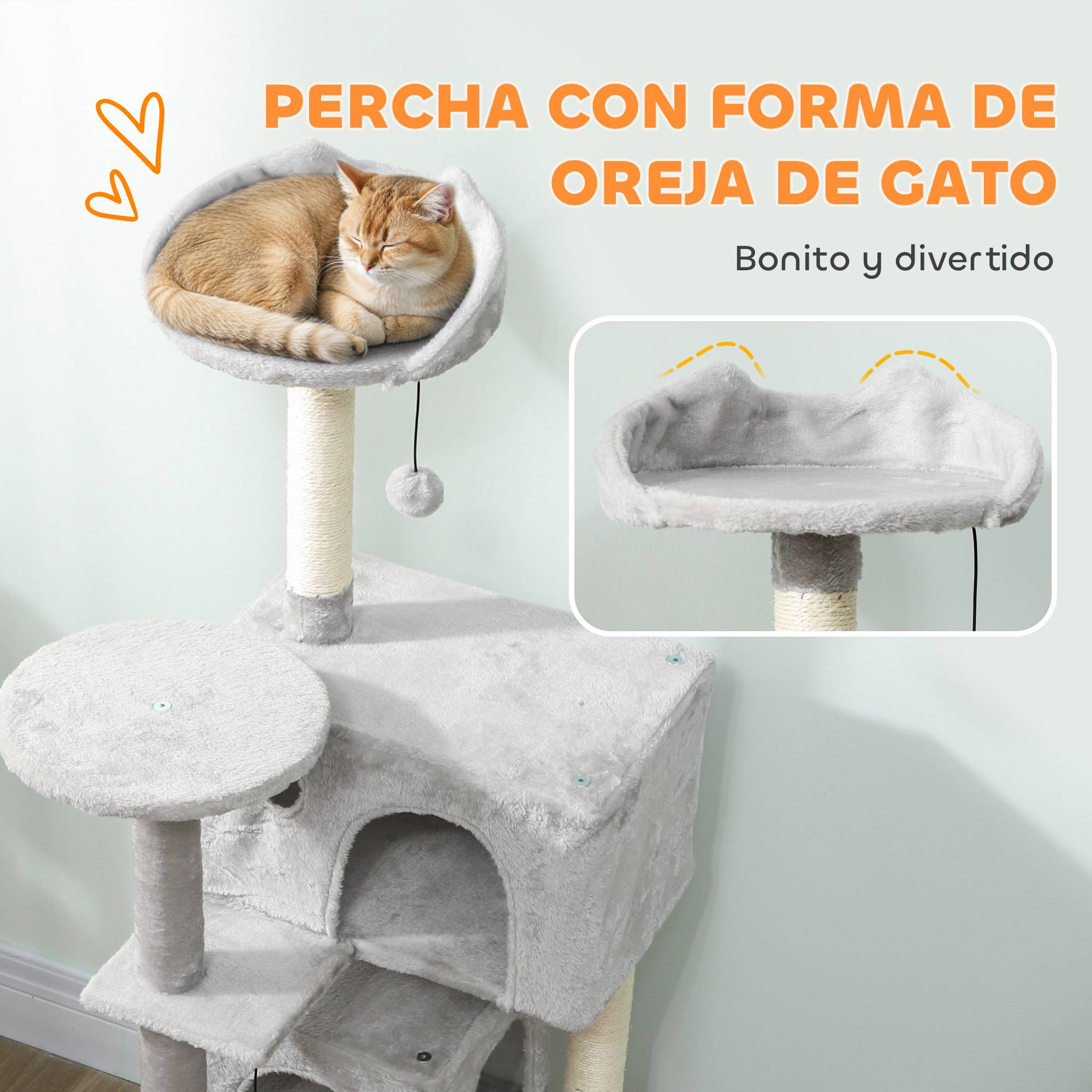 Arbre à chat à griffer 140 cm avec plateformes, couchage, 2 niches, hamac, échelle, poteaux en sisal gris clair - Image 7
