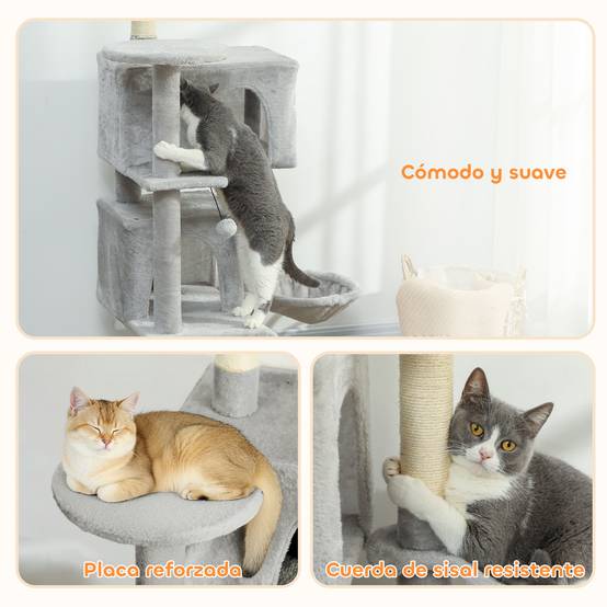 Arbre à chat à griffer 140 cm avec plateformes, couchage, 2 niches, hamac, échelle, poteaux en sisal gris clair - Image 9