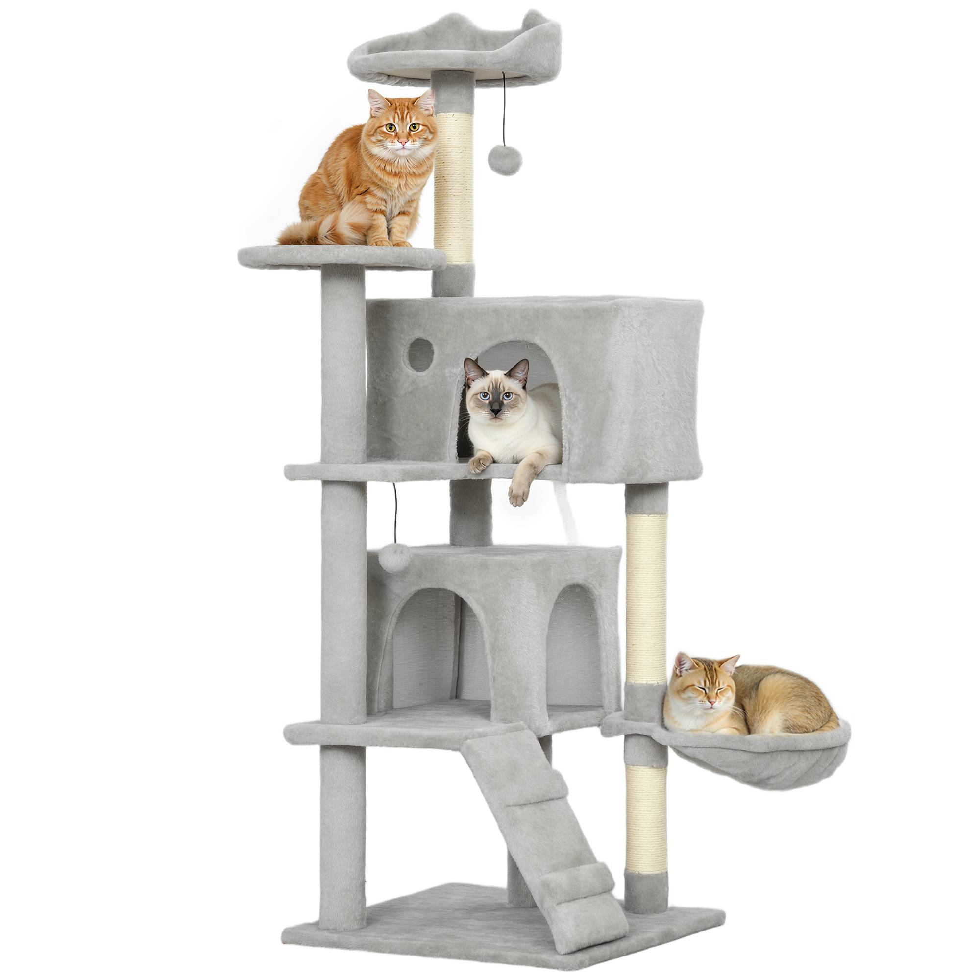 Arbre à chat à griffer 140 cm avec plateformes, couchage, 2 niches, hamac, échelle, poteaux en sisal gris clair - Image 1