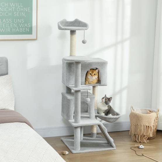 Arbre à chat à griffer 140 cm avec plateformes, couchage, 2 niches, hamac, échelle, poteaux en sisal gris clair - Image 4