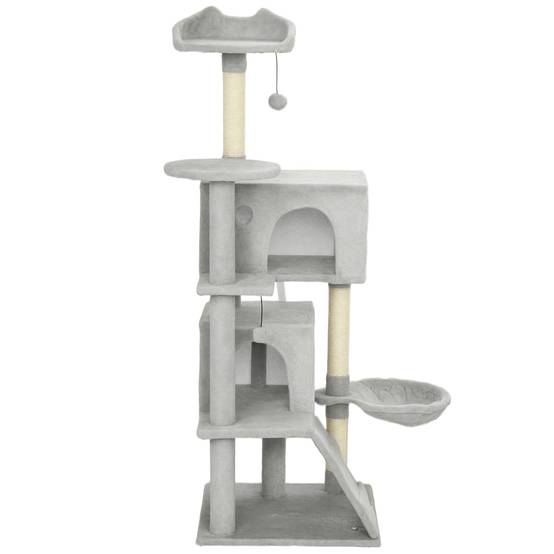 Arbre à chat à griffer 140 cm avec plateformes, couchage, 2 niches, hamac, échelle, poteaux en sisal gris clair - Image 2
