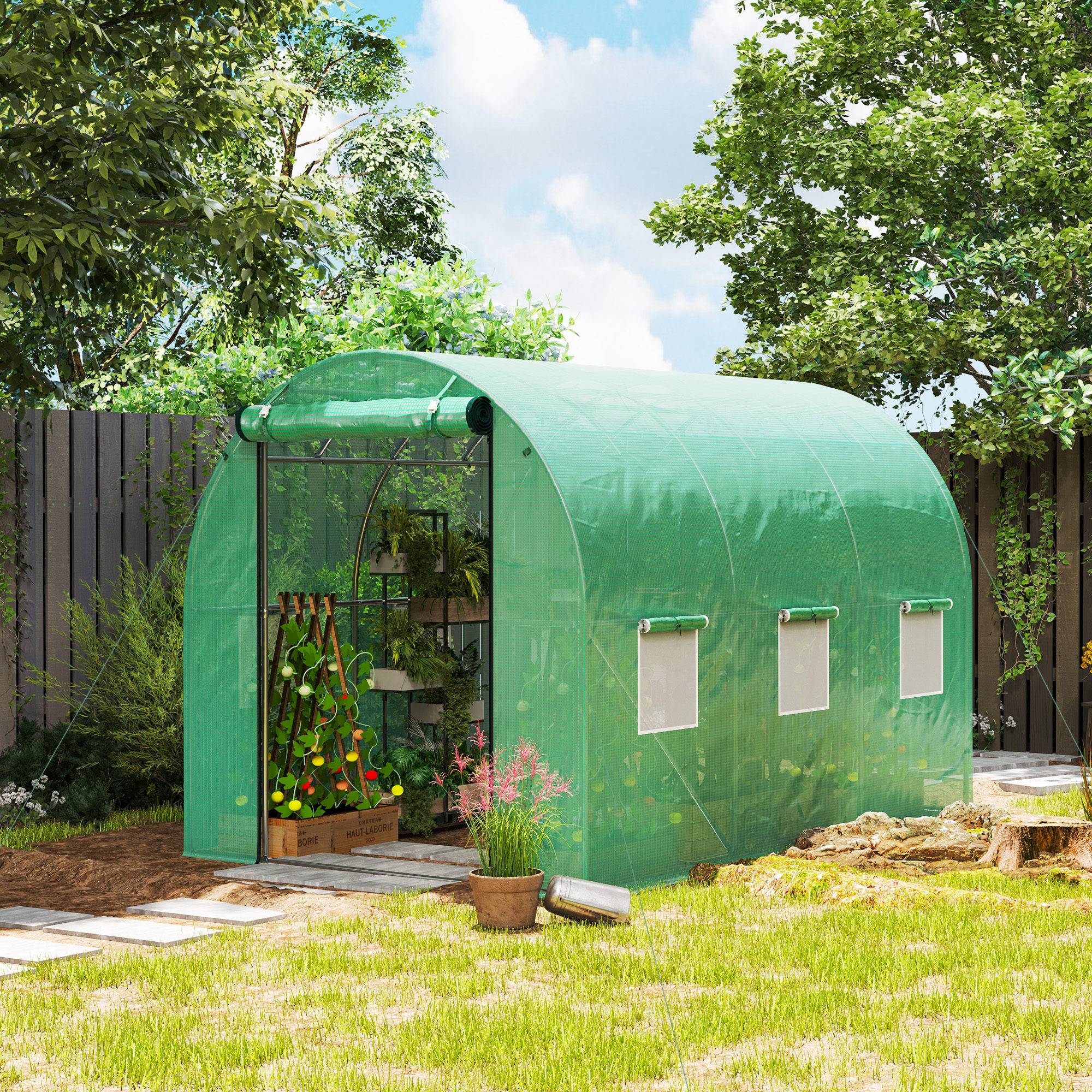 Polytunnel avec bâche plastique et cadre acier, serre accessible avec portes enroulables, Vert - Image 3