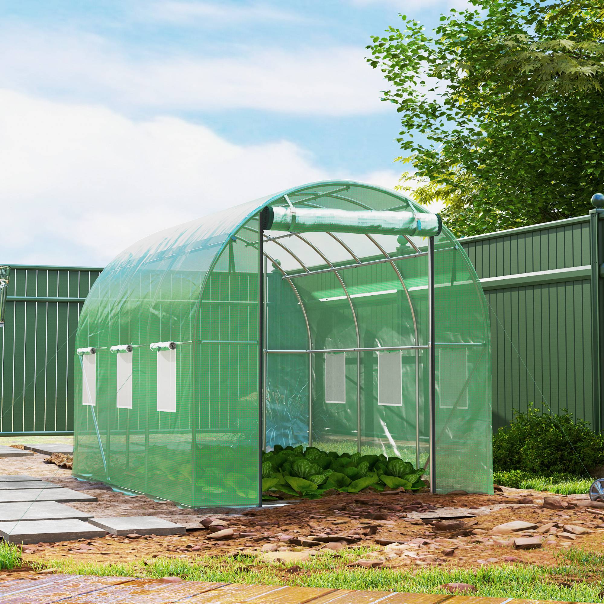 Polytunnel avec bâche plastique et cadre acier, serre accessible avec portes enroulables, Vert - Image 4