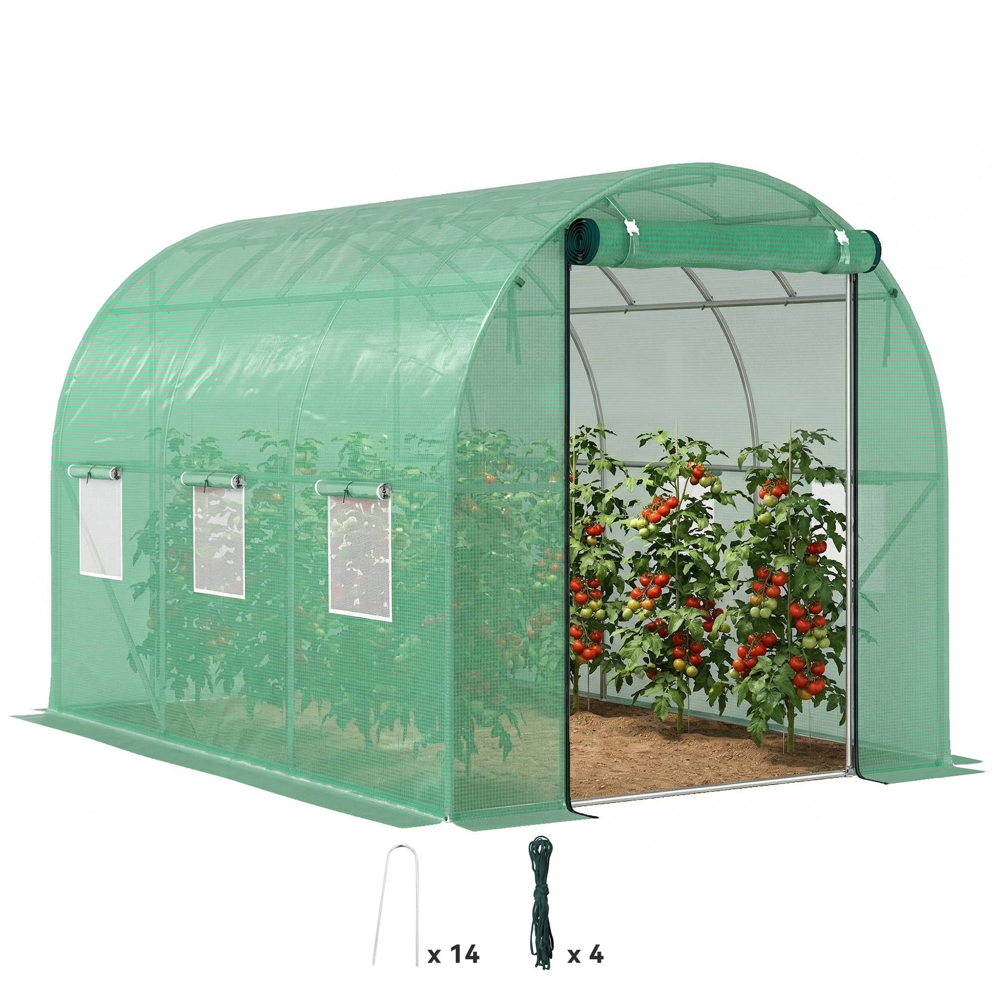 Polytunnel avec bâche plastique et cadre acier, serre accessible avec portes enroulables, Vert - Image 1