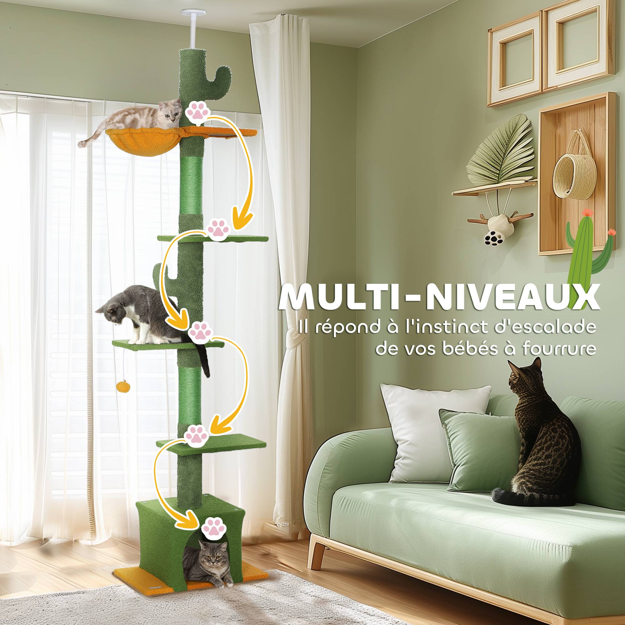 Arbre à chat plafond panneaux de particules intérieur hauteur ajustable 275cm vert - ComfortXL Outdoor Living - Image 8