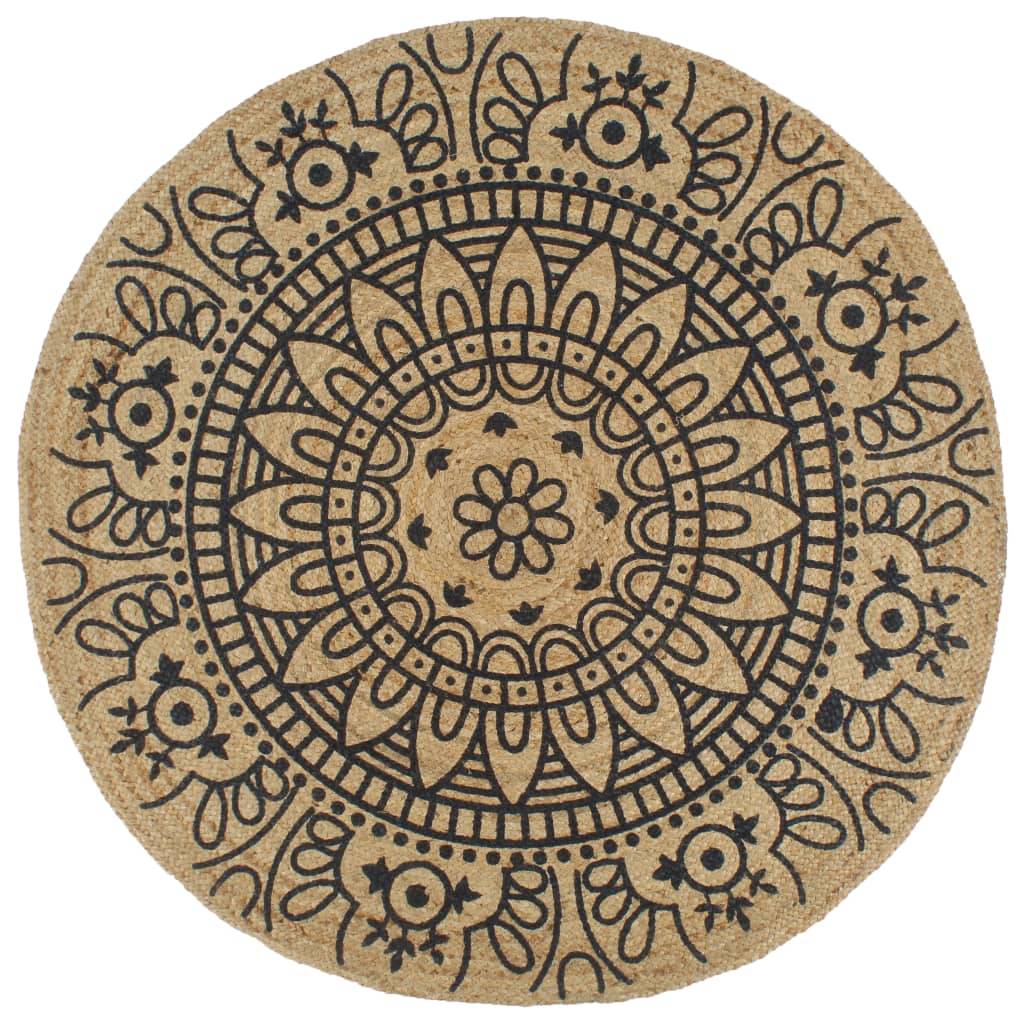 Tapis Rond en Jute Tressé Artisanal Motif Floral pour Chambre à Coucher Bleu Foncé 120 cm – ComfortXL Outdoor Living - Image 1