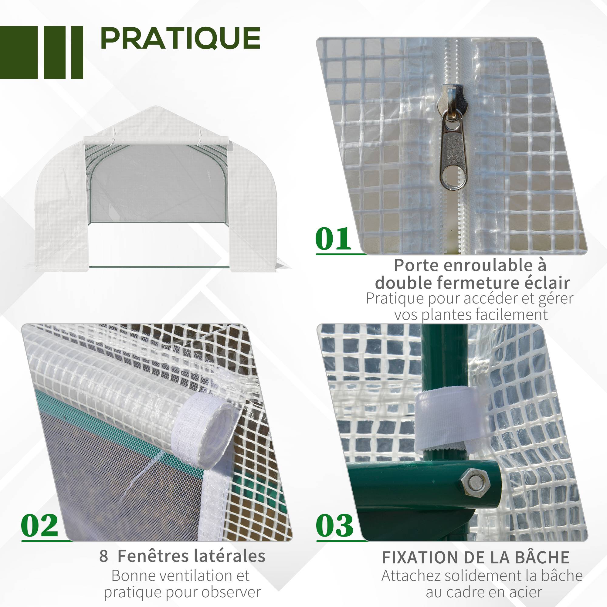 Serre Tunnel de Jardin 18 m² Acier Galvanisé et Bâche PE 8 Fenêtres 6x3x2 m Blanc - ComfortXL Outdoor Living - Image 8