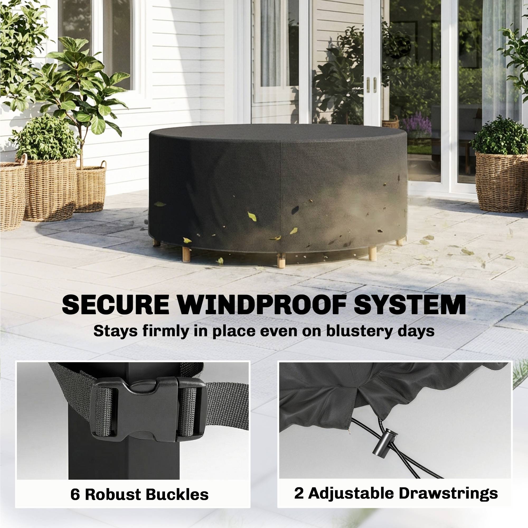 Housse de protection pour mobilier de jardin, résistante à l'hiver, imperméable et anti-UV, en tissu Oxford 420D, Ø 214 x 70 cm (H), noire - Image 7