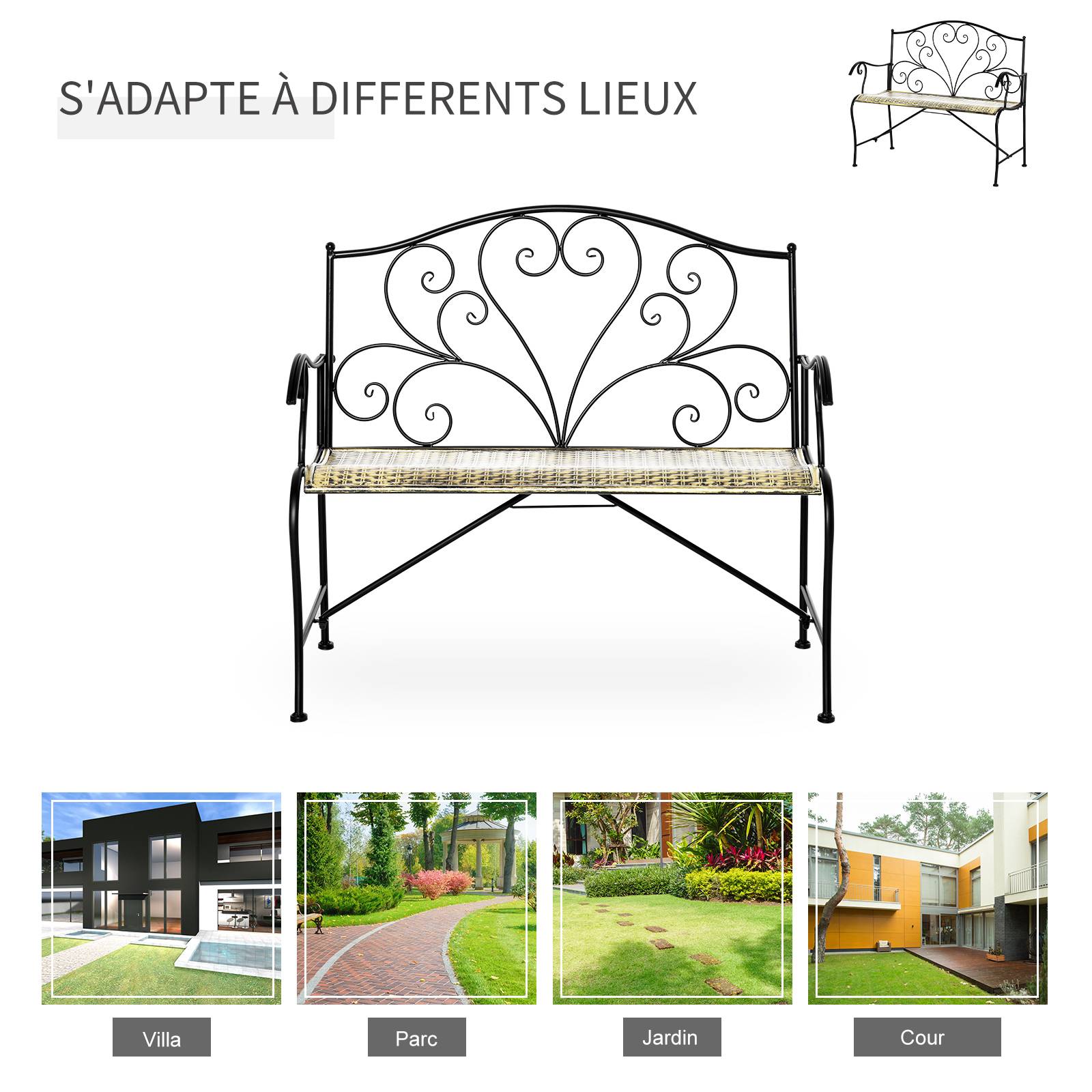 Maison Chic - Banc de Jardin 2 Places Style néo-rétro Fer forgé Lignes fuselées métal Noir doré Effet Vieilli - Image 6