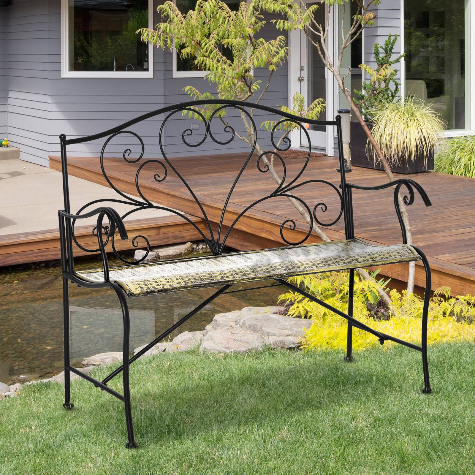 Maison Chic - Banc de Jardin 2 Places Style néo-rétro Fer forgé Lignes fuselées métal Noir doré Effet Vieilli - Image 3