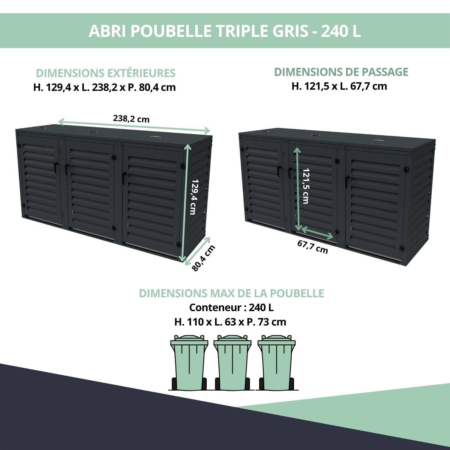 Cache Poubelle Extérieur Triple en Aluminium thermolaqué - Abri pour 3 conteneurs 240 Litres – Gris Anthracite RAL 7016 - Image 3