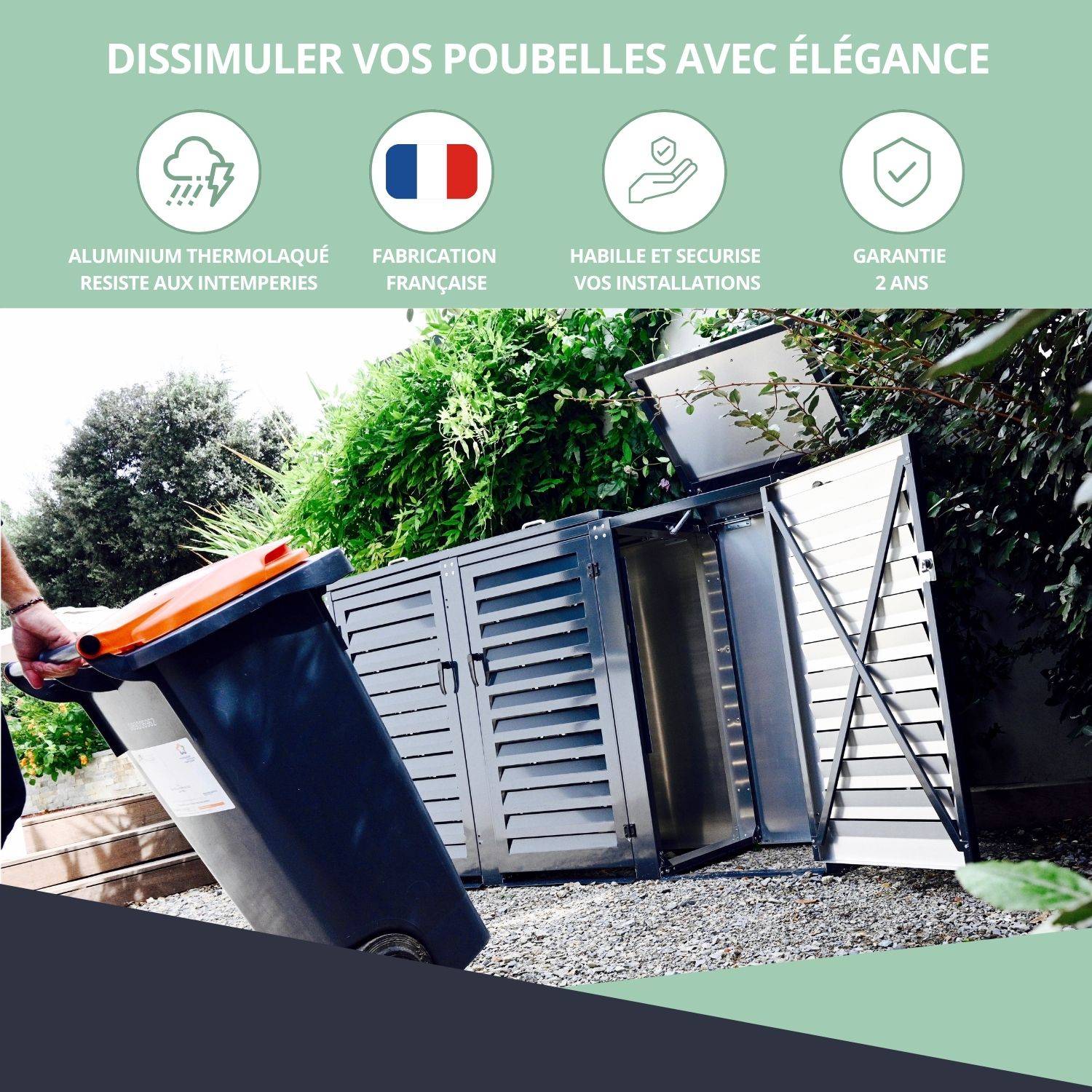 Cache Poubelle Extérieur Triple en Aluminium thermolaqué - Abri pour 3 conteneurs 240 Litres – Gris Anthracite RAL 7016 - Image 7