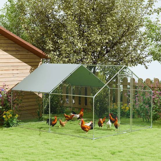 Poulailler de 10,2 m² pour 10 à 15 poules, avec toit étanche, structure en acier et tissu, dimensions : 3 x 3,4 x 1,9 m, couleur argent. - Image 3